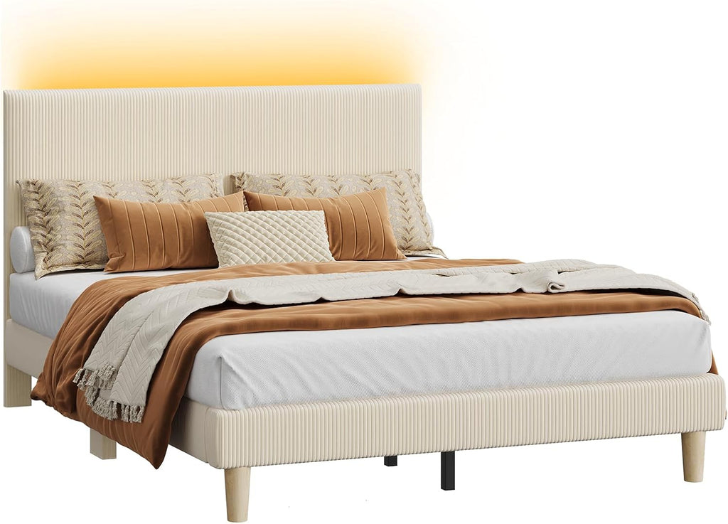 Bestier Queen Bed Frame with Headboard,Platform Queen Size Bed Frame with LED Lighting,Bed Frame Wooden Slats Support,No Box Spring Needed,Never Squeaks, Easy Assembly,Beige