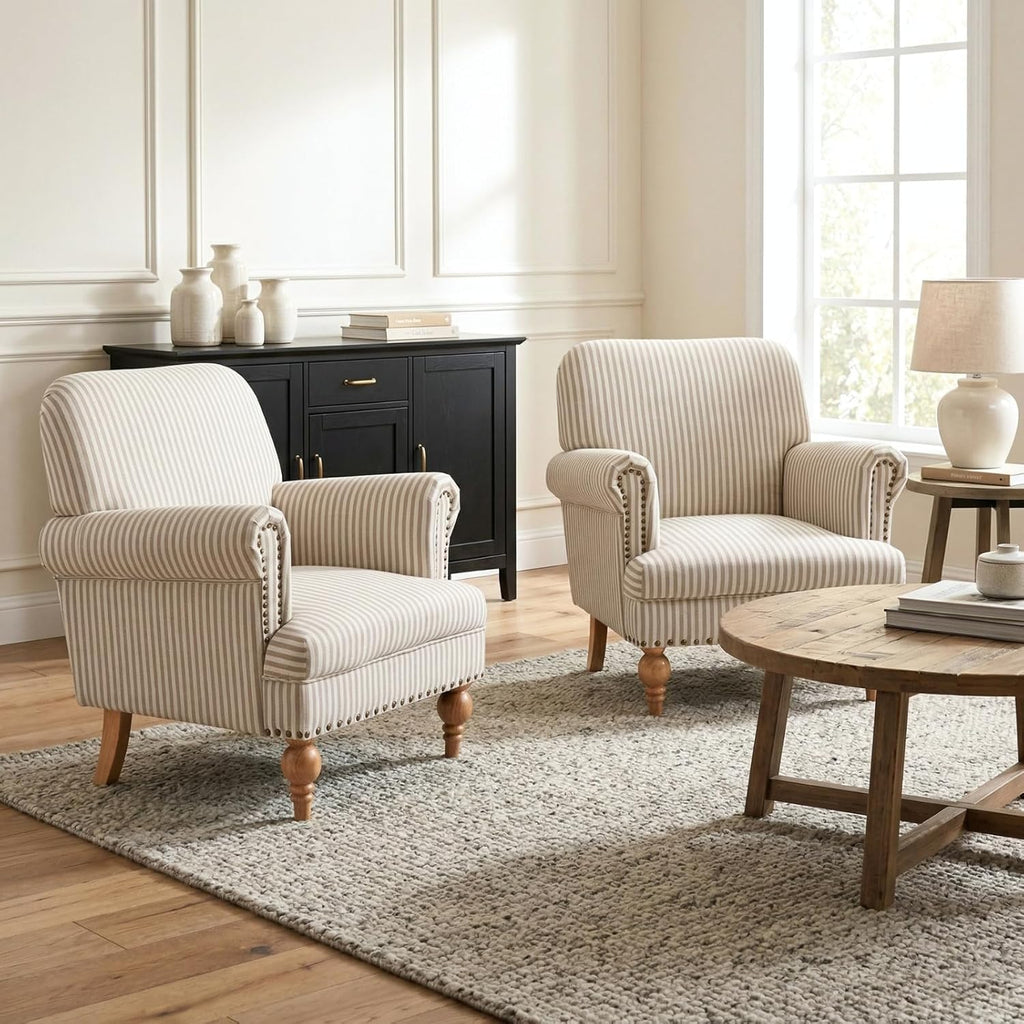 Khaki Striped Linen Fabric Accent Chairs Set of 2, Modern Farmhouse Upholstered Armchairs with Nailhead Trim & Ball Turned Legs, Cottage Club Chairs for Living Room Bedroom Guest Room