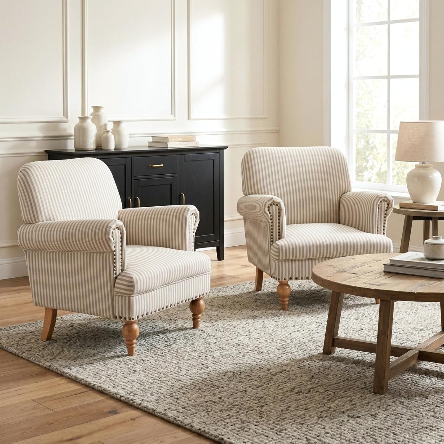 Khaki Striped Linen Fabric Accent Chairs Set of 2, Modern Farmhouse Upholstered Armchairs with Nailhead Trim & Ball Turned Legs, Cottage Club Chairs for Living Room Bedroom Guest Room