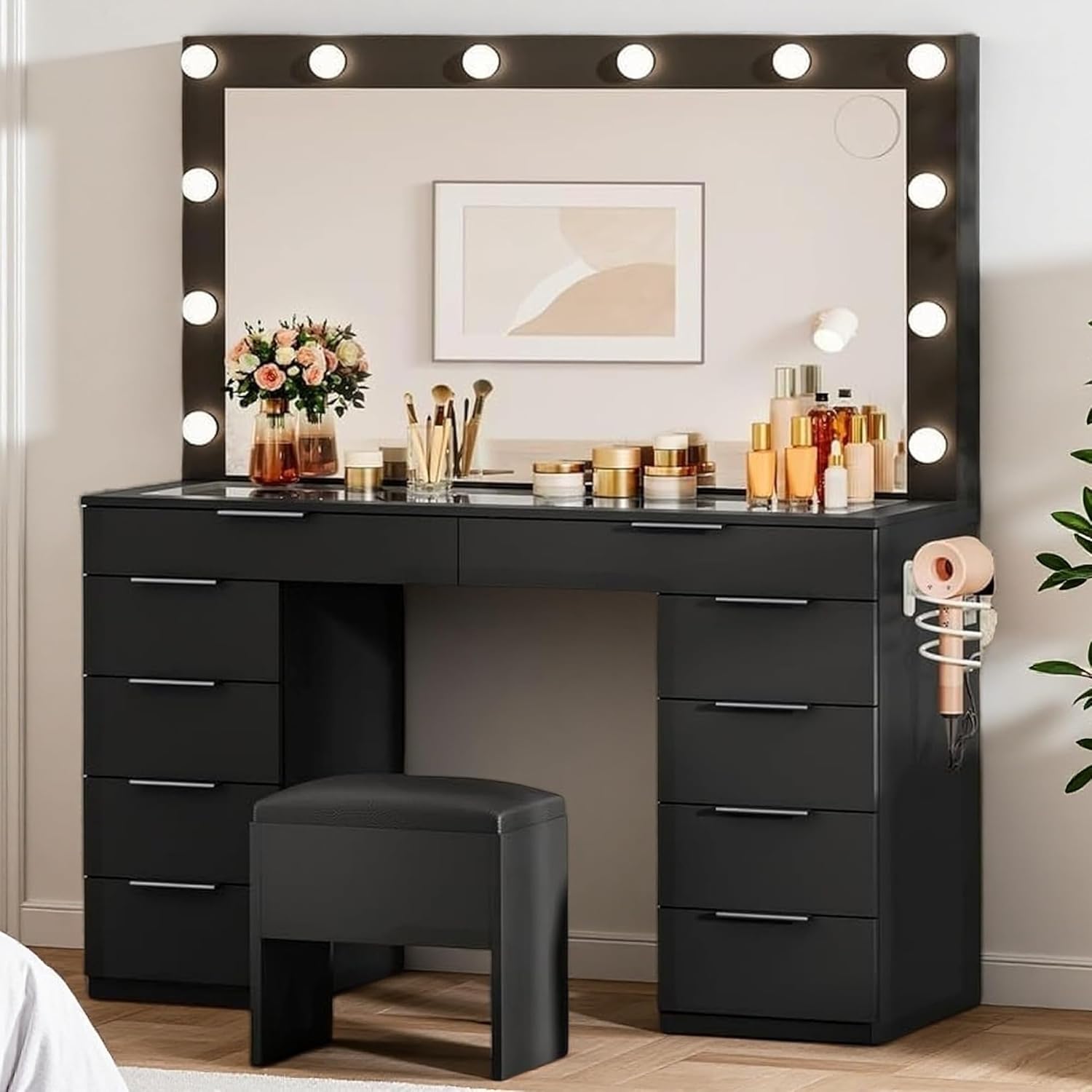 DWVO 10 Drawer Large Makeup Vanity Table with Glass Top, LED Mirror, Charging Station & Cushioned Storage Stool, 46-Inch Dressing Desk Set with 3 Lighting Modes Brightness Adjustable, Dark Black