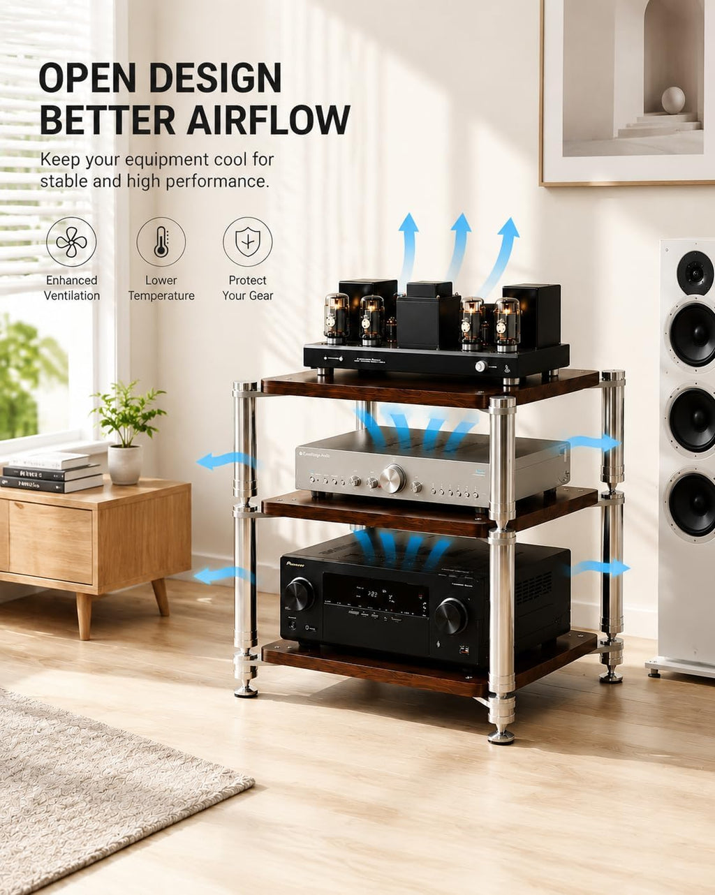 Heavy Duty AV Stand, Open Design's Audio Racks with Shock-Absorbing Foot pegs, Strong Load-Bearing Capacity Audio Component Rack, for Offices and Recording Studios (Black Black, 4tier)