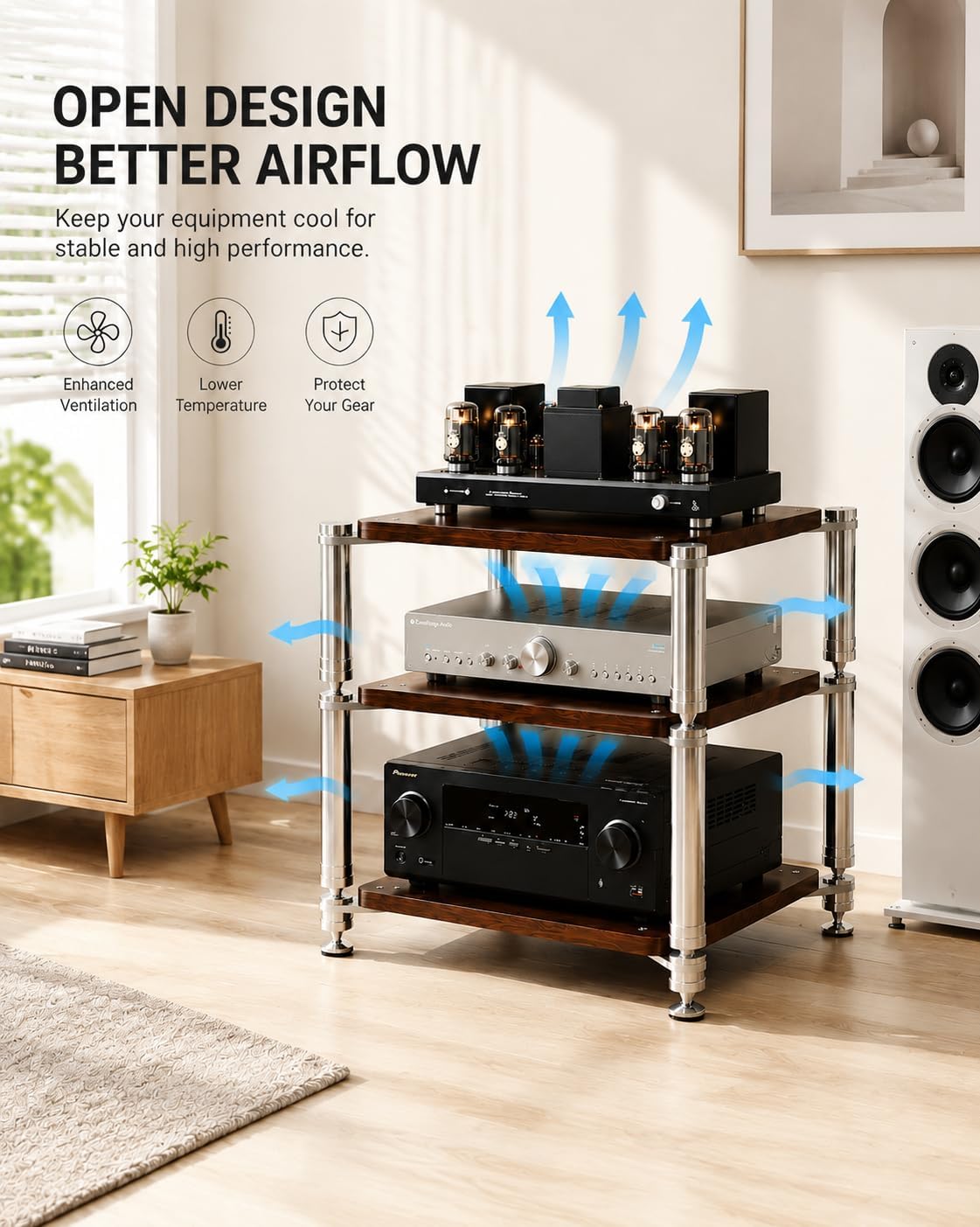 Heavy Duty AV Stand, Open Design's Audio Racks with Shock-Absorbing Foot pegs, Strong Load-Bearing Capacity Audio Component Rack, for Offices and Recording Studios (Black Black, 4tier)