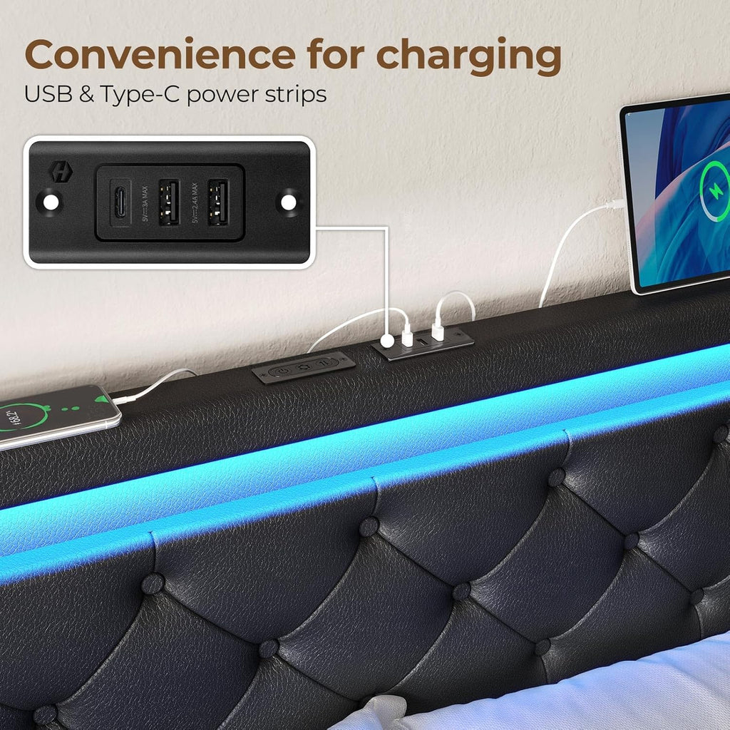 Rolanstar Full Bed Frame with LED Lights and Charging Station, PU Leather Bed with Drawers, Wooden Slats, Noise Free, Easy Assembly, Black