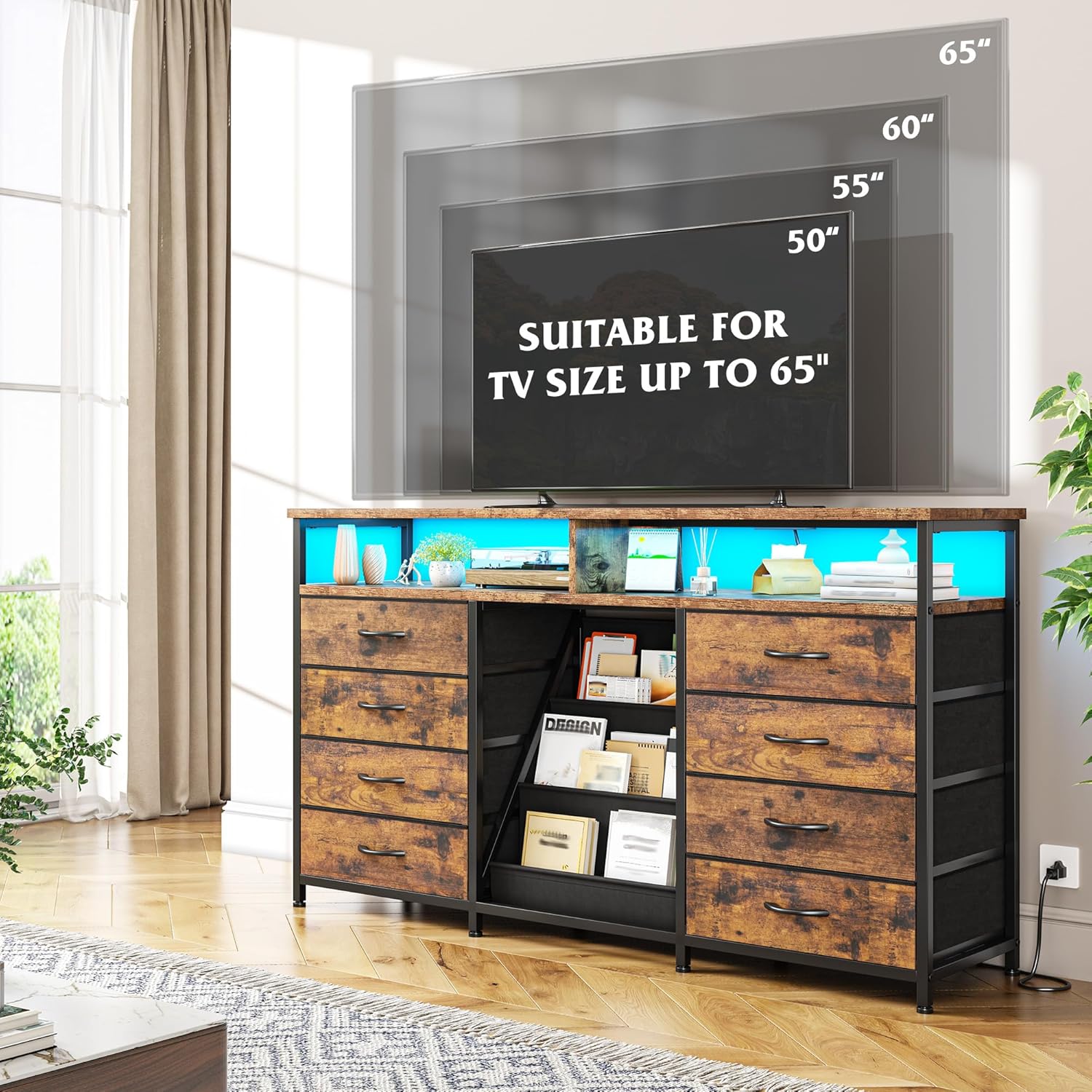 EnHomee 55 ” W Dresser for Bedroom with Bookrack & 8 Fabric Drawers, Dresser TV Stand with Power Outlet & LED Lights for 65 Inch TV, Chest of Drawers for Cabinet, Entryway,Rustic Brown
