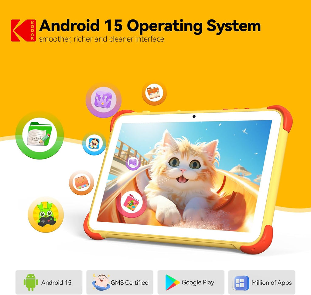 KODAK 10.1 Inch Android 15 Kids Tablet, 12GB RAM+64GB ROM(1TB Expand) Tablet for Kids, 6000mAh Battery, Parental Control, Blue Light Eye Protection, Shockproof Case for Learning