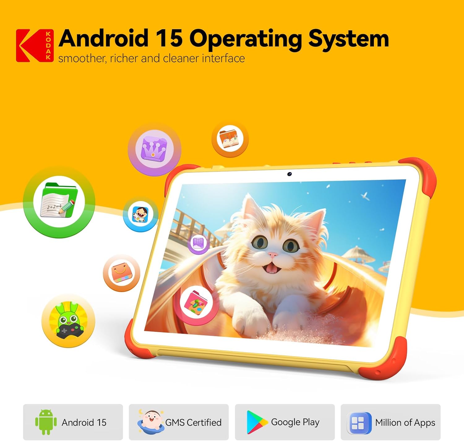 KODAK 10.1 Inch Android 15 Kids Tablet, 12GB RAM+64GB ROM(1TB Expand) Tablet for Kids, 6000mAh Battery, Parental Control, Blue Light Eye Protection, Shockproof Case for Learning