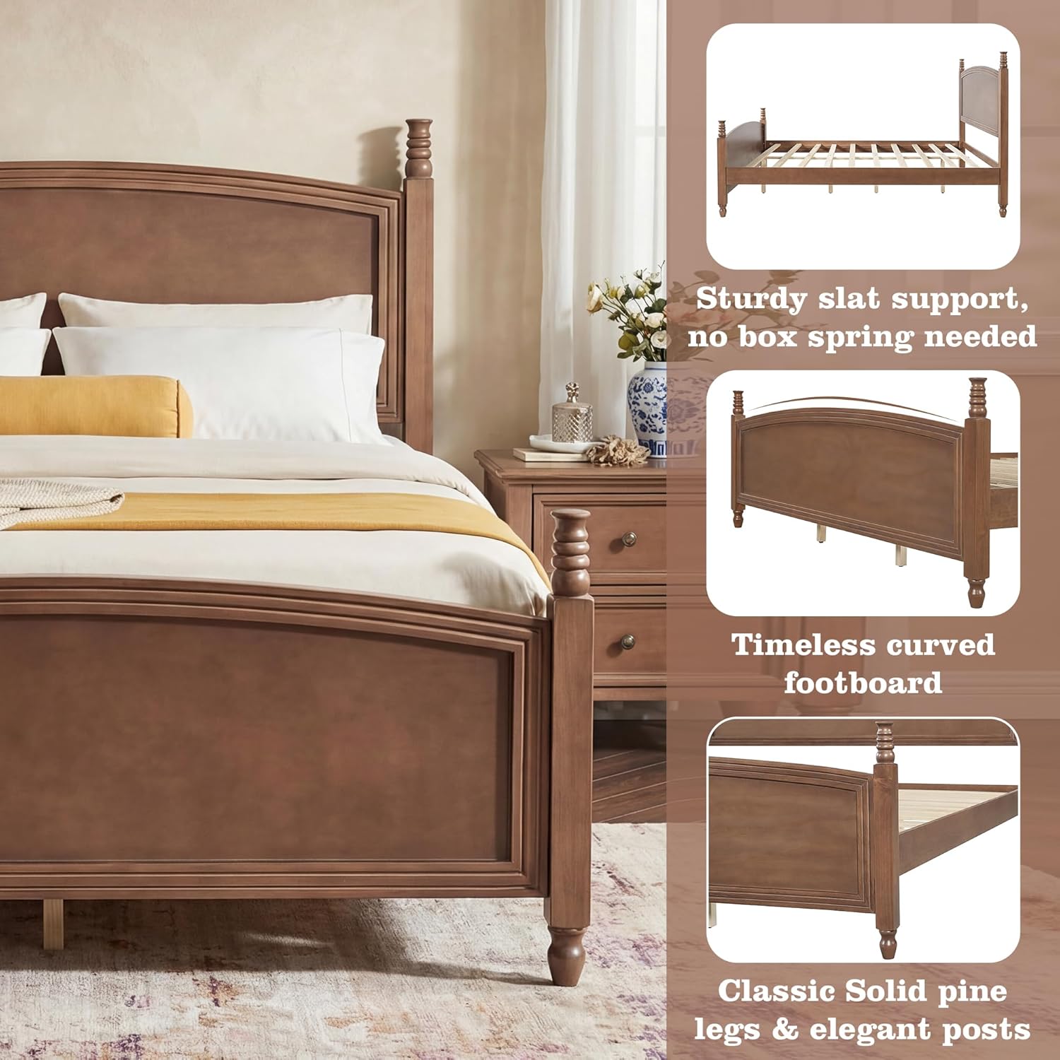 Christopher Knight Home King Bed Frame with Curved Headboard & Footboard, Solid Pine Wood Platform Bed Frame King Size, Mid Century Modern Bedframe with Wood Slat Support, No Box Spring Needed, Walnut