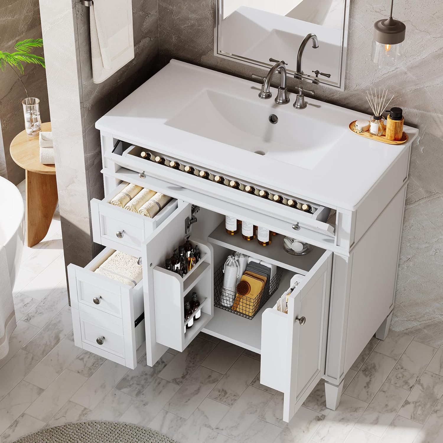 Tribesigns 36" Bathroom Vanity with Sink, Modern Bathroom Sink Cabinet with 4 Drawers & 2 Doors, Bath Storage Vanity Sink with Metal Handles, Solid Wood Frame, Paint Surface White