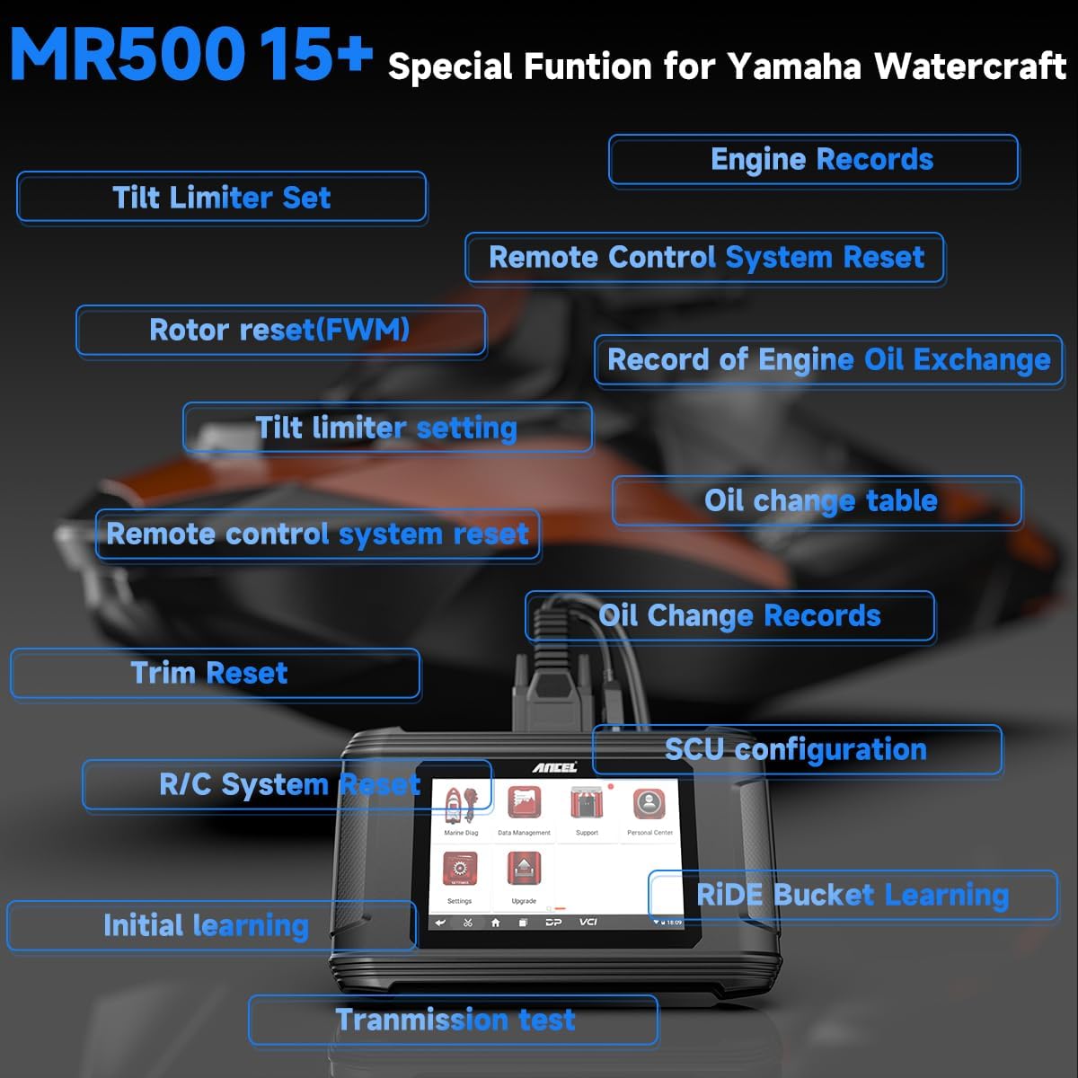 ANCEL MR500 Marine Diagnostic Tool for Yamaha (2003–2024) – Jet Ski & Outboard Engine Scanner, 15+ Service Functions, Read/Clear Codes, Live Data, Active Tests