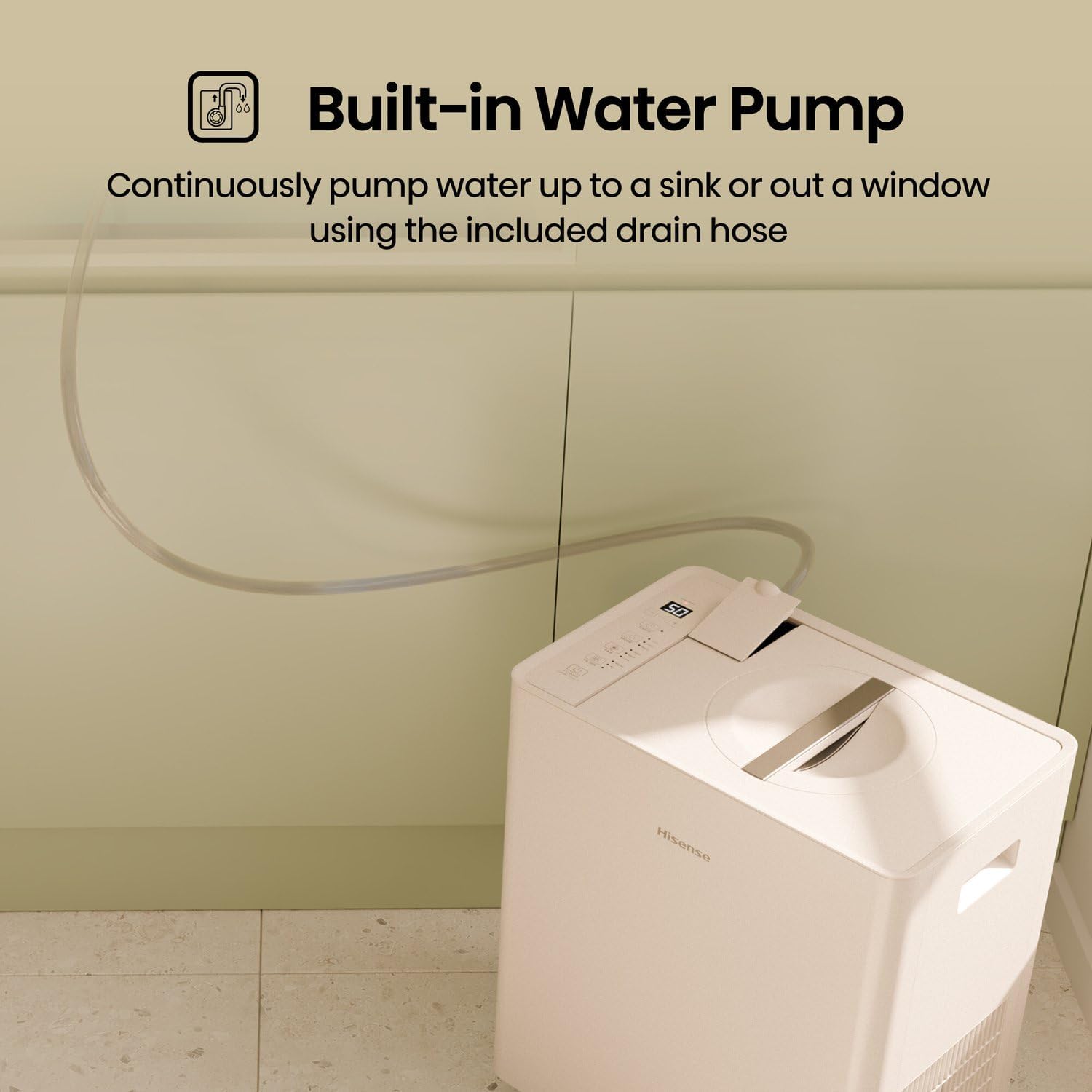 Hisense 50 Pint Lift-Up Portable Dehumidifier with Built-In Pump in White, Energy Efficient Quiet Moisture Extractor for Bathroom Bedroom Garage Attic Home House Crawl Space