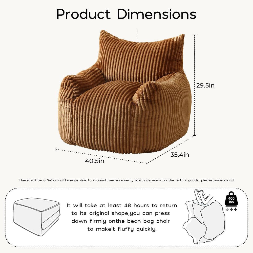 Giant Bean Bag Chair for Adults, Oversized Beanbag Sofa with Armrests and Back Support, Filler Included, Ultra Soft Stuffed Floor Couch for Bedroom, Reading and Lounging, Living Room(Brown)