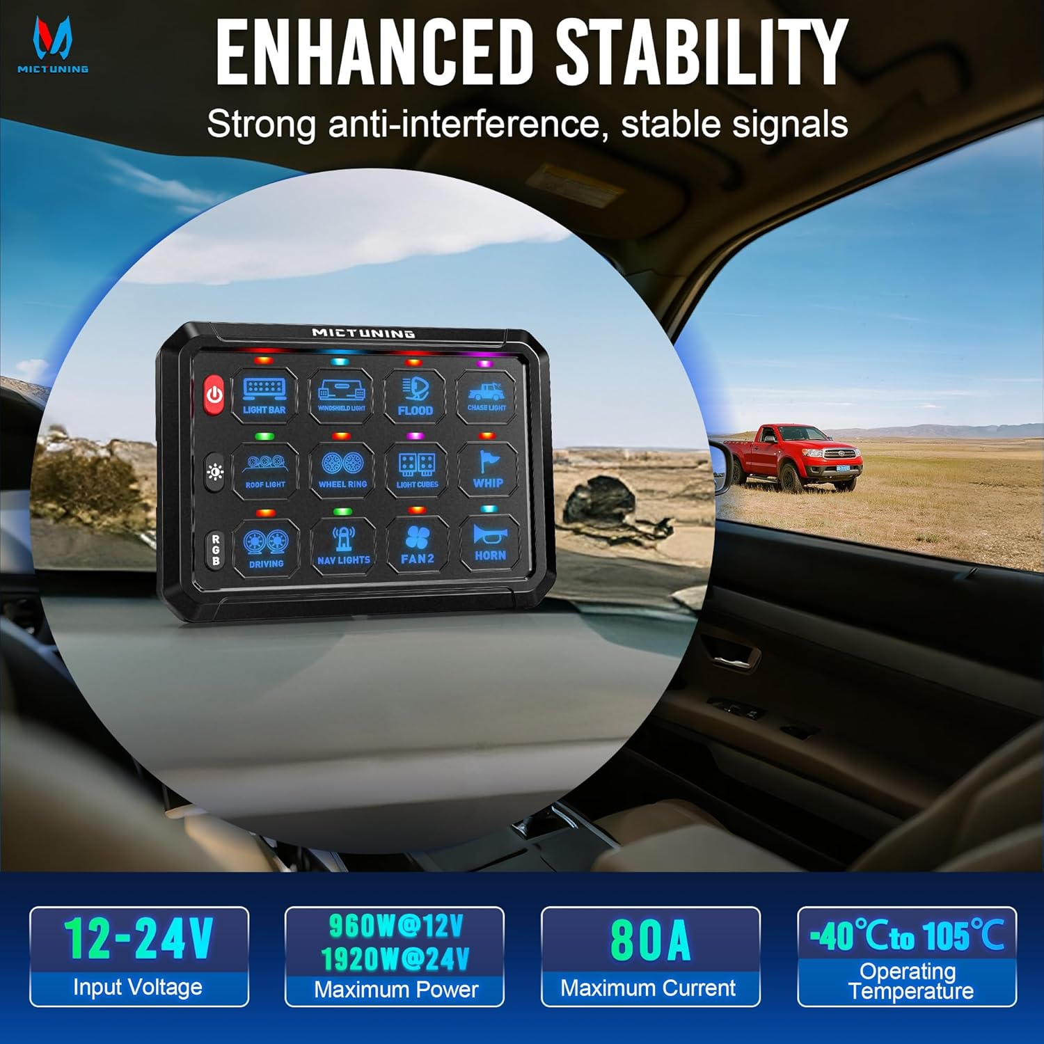 MICTUNING P1C RGB 12 Gang Switch Panel, IP67 Waterproof 4 Control Modes LED Control Panel Box Electronic Relay System Switch Box Universal for Car Boat Marine Caravan, 2 Years Warranty