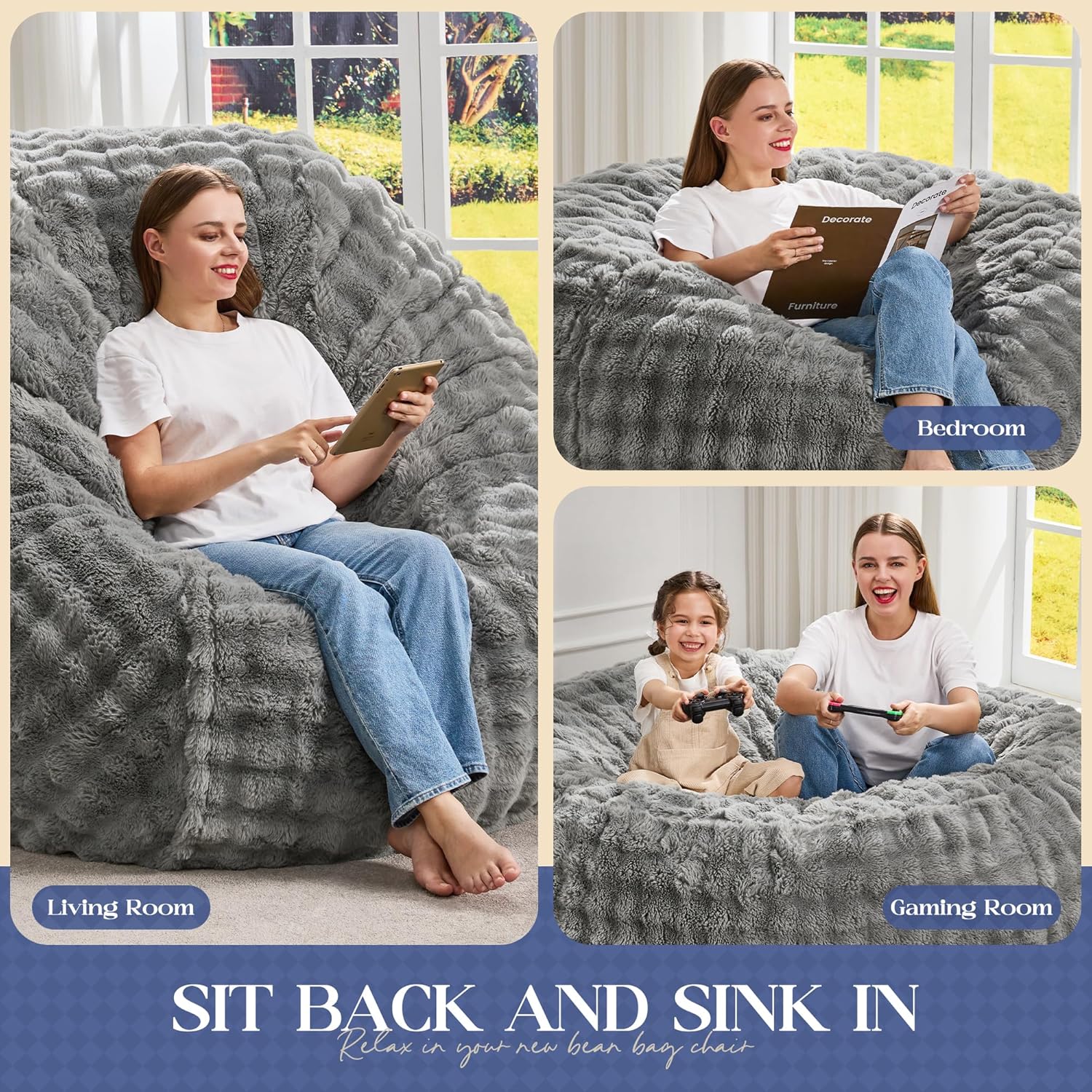 Hobestluk Bean Bag Chairs Beanbag Chair with Filler Adult Bean Bags with Fluffy & Machine Washable Cover, Giant Bean Bag Chairs for Aduts (Grey, 5FT-50" x 50" x 24")