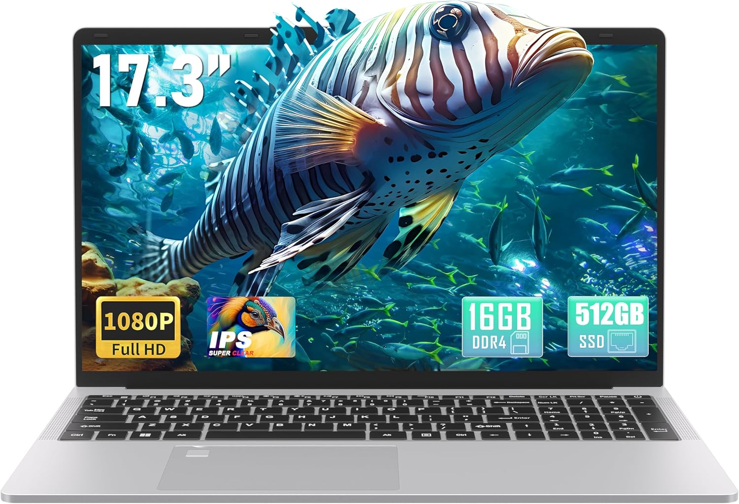 17.3" FHD(1920 x 1080) IPS Business Laptop Computer, 16GB DDR4 RAM 512GB SSD, Celeron N5095 Quad-Core Processor,Win 11 Pro PC, HDMI, Fingerprint Reader, Backlit KB,BT 5.0/WiFi,Silver