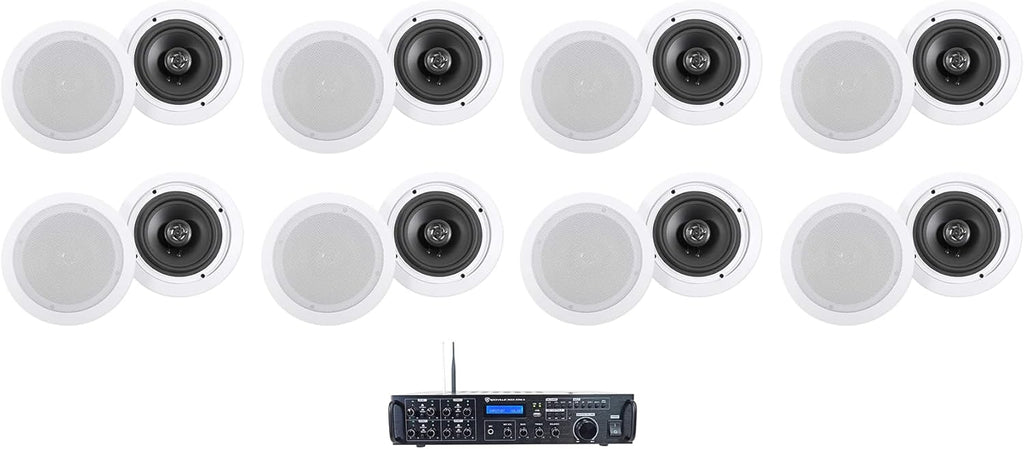 Rockville Rock Zone 8 Bundle: 1000-Watt 8-Channel Multi-Room Receiver/Amplifier, (16) 6.5 in 500-Watt White in-Ceiling Home Theater Speakers, for Home Audio Systems, 17-Items