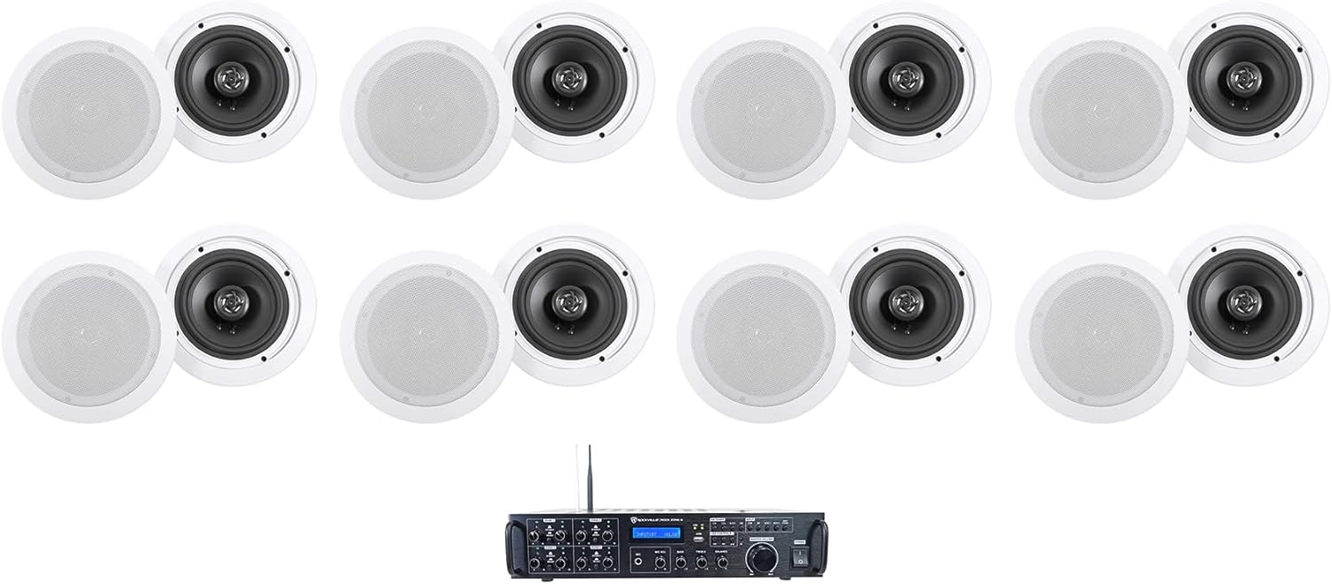 Rockville Rock Zone 8 Bundle: 1000-Watt 8-Channel Multi-Room Receiver/Amplifier, (16) 6.5 in 500-Watt White in-Ceiling Home Theater Speakers, for Home Audio Systems, 17-Items