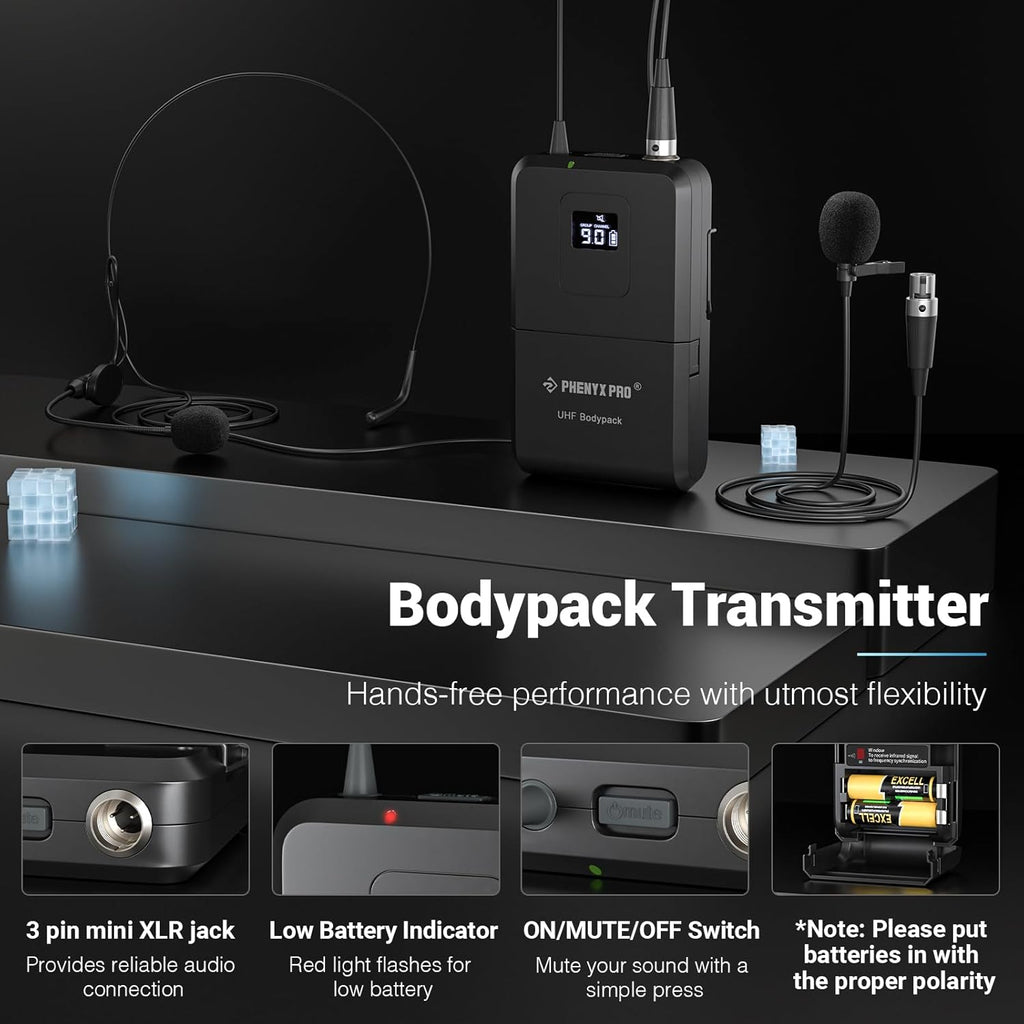 Phenyx Pro Dual UHF Wireless Microphone System .Auto-Scan Cordless Mic Set w/ 2x100 Frequencies, 2 Bodypacks & Headsets/Lapel Microphones for Speaking, Singing, Church, DJ (PTU-71-2B)