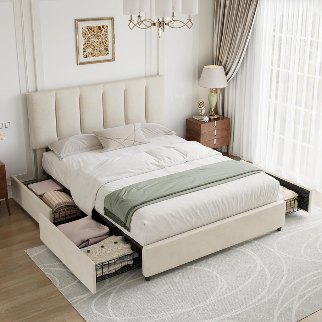 VECELO Queen Size Bed Frame with 4 Storage Drawers, Adjustable Height Headboard, Heavy-Duty Platform Bedframe with Strong Wooden Slats, No Box Spring Needed, Pale Beige