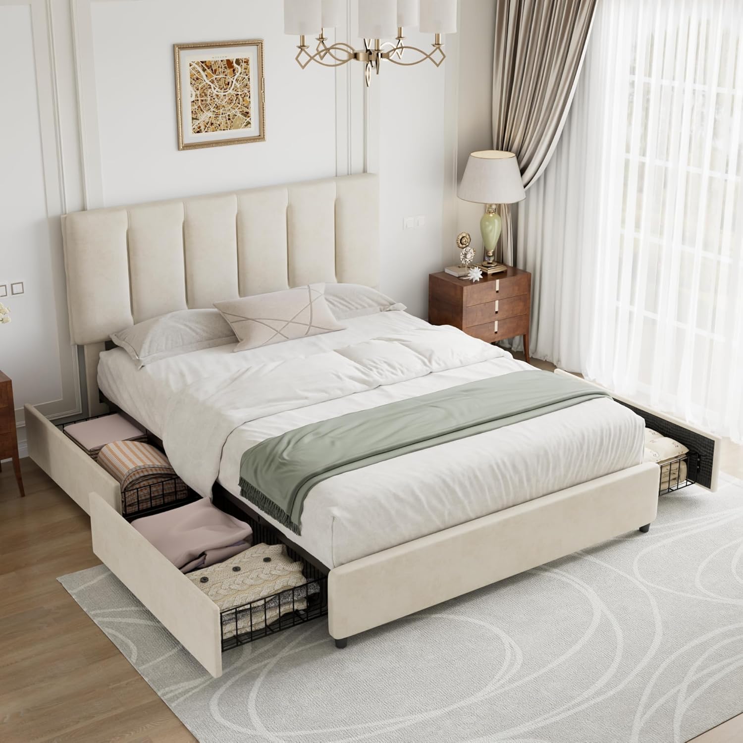 VECELO Queen Size Bed Frame with 4 Storage Drawers, Adjustable Height Headboard, Heavy-Duty Platform Bedframe with Strong Wooden Slats, No Box Spring Needed, Pale Beige