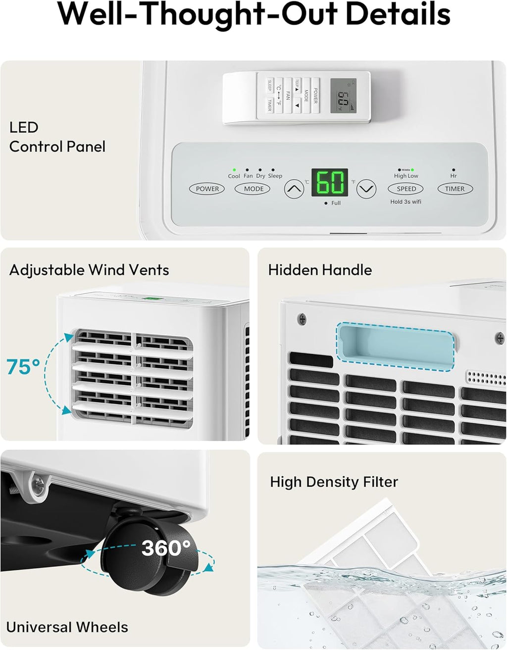 EUHOMY 8,000 BTU Portable Air Conditioners, 4-in-1 Air Conditioner Portable Up to 350 Sq.Ft., Portable AC Unit with Cool, Fan, Dehumidifier, Sleep, 24H Timer, Remote & Installation Kit, for Bedroom