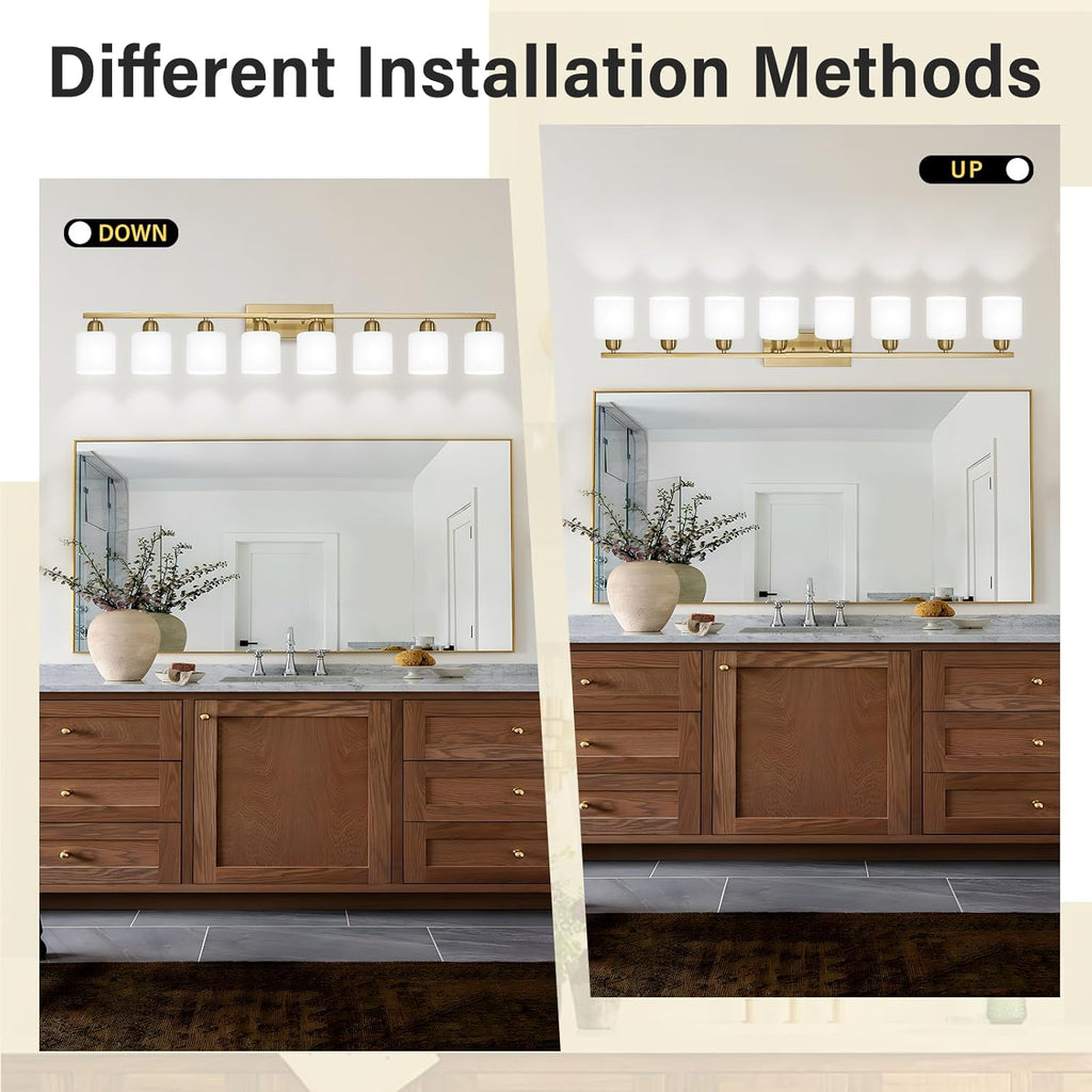 8 Light Bathroom Light Fixtures Gold for Big Mirror, Brushed Gold Vanity Lights for Bathroom with Milky White Frosted Glass Shades, 51 inch Wall Sconce for Mirrors Living Room Bedroom