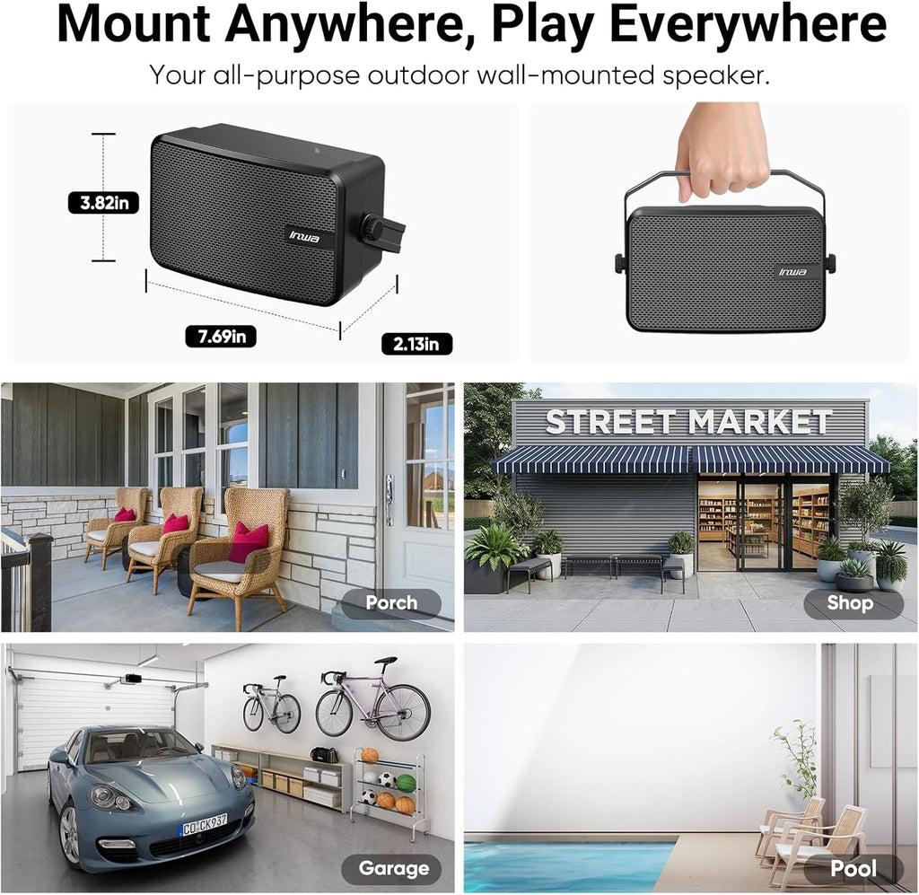 Inwa Upgraded 400W Outdoor Bluetooth Speakers Pair - Active Passive Wall Mount Stereo Speaker, Wireless Multi-Speaker Connection with Auracast, Sound System w/Aux for Porch, Patio, Garage, Home