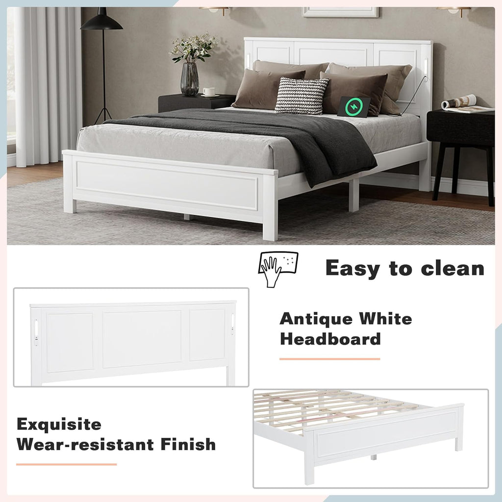 Queen Size Platform Bed Frame, Heavy Duty Pinewood Bedframes with Tall-Panel Headboard and Footboard, Built-in LED Lights/USB Charging Station/No Box Spring Needed, White