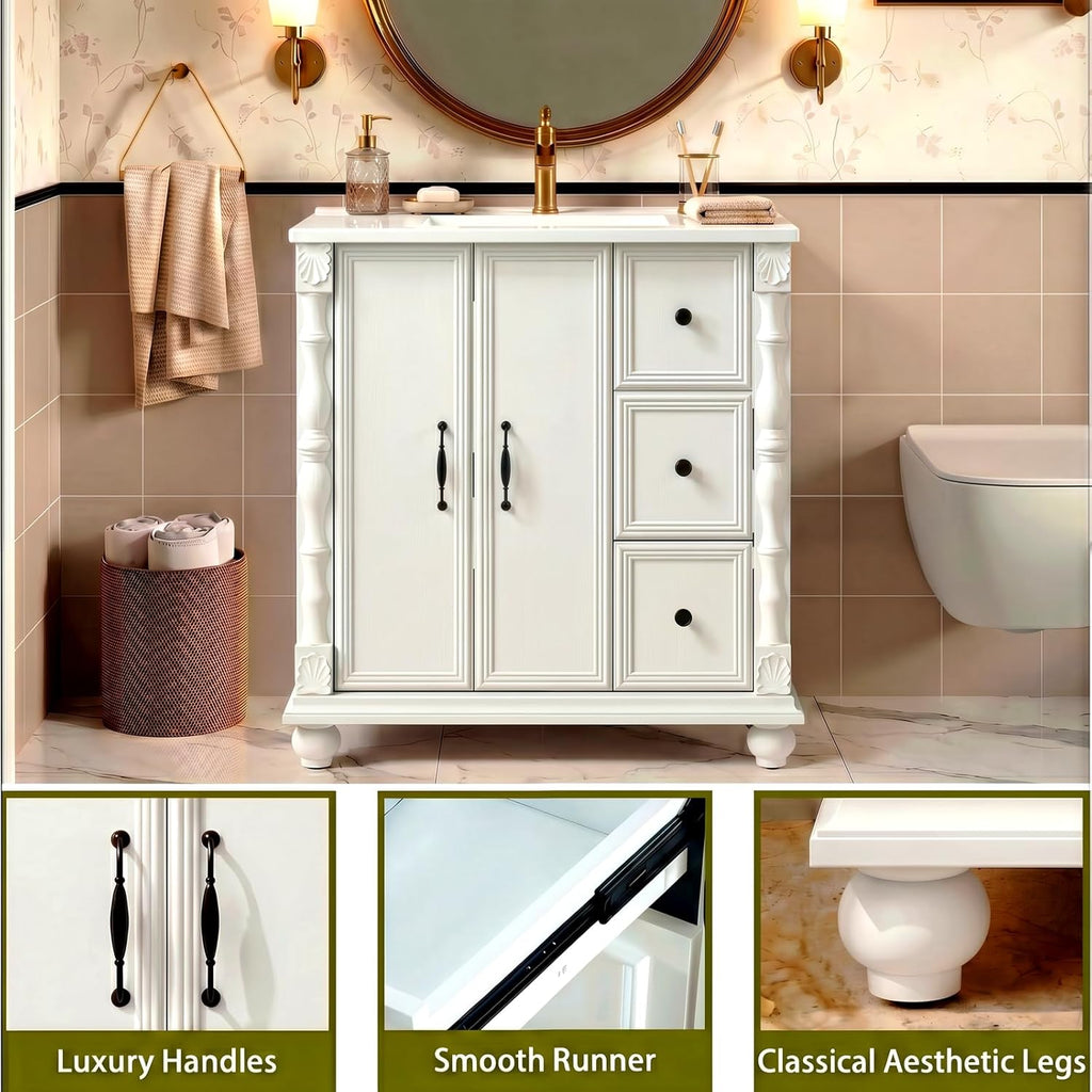 ONBRILL Bathroom Vanity with Sink Combo, Modern Bathroom Vanities with Adjustable Shelf, 4 Solid Legs, 2 Drawers, 2 Doors, Ceramic Integrated Sink, Freestanding Bath Storage Cabinet (32", White)