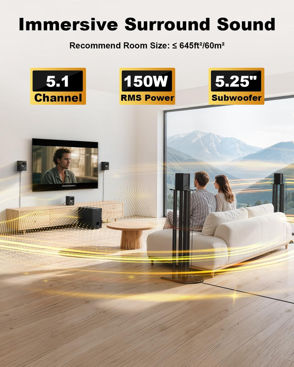 Bobtot Home Theater Systems Surround Sound System, 5.1 Wired Stereo Sound Speakers, 5.25 inch Subwoofer 600 Watts Peak Power Deep Bass Audio Stereo with FM Radio Bluetooth AUX DVD USB SD Input
