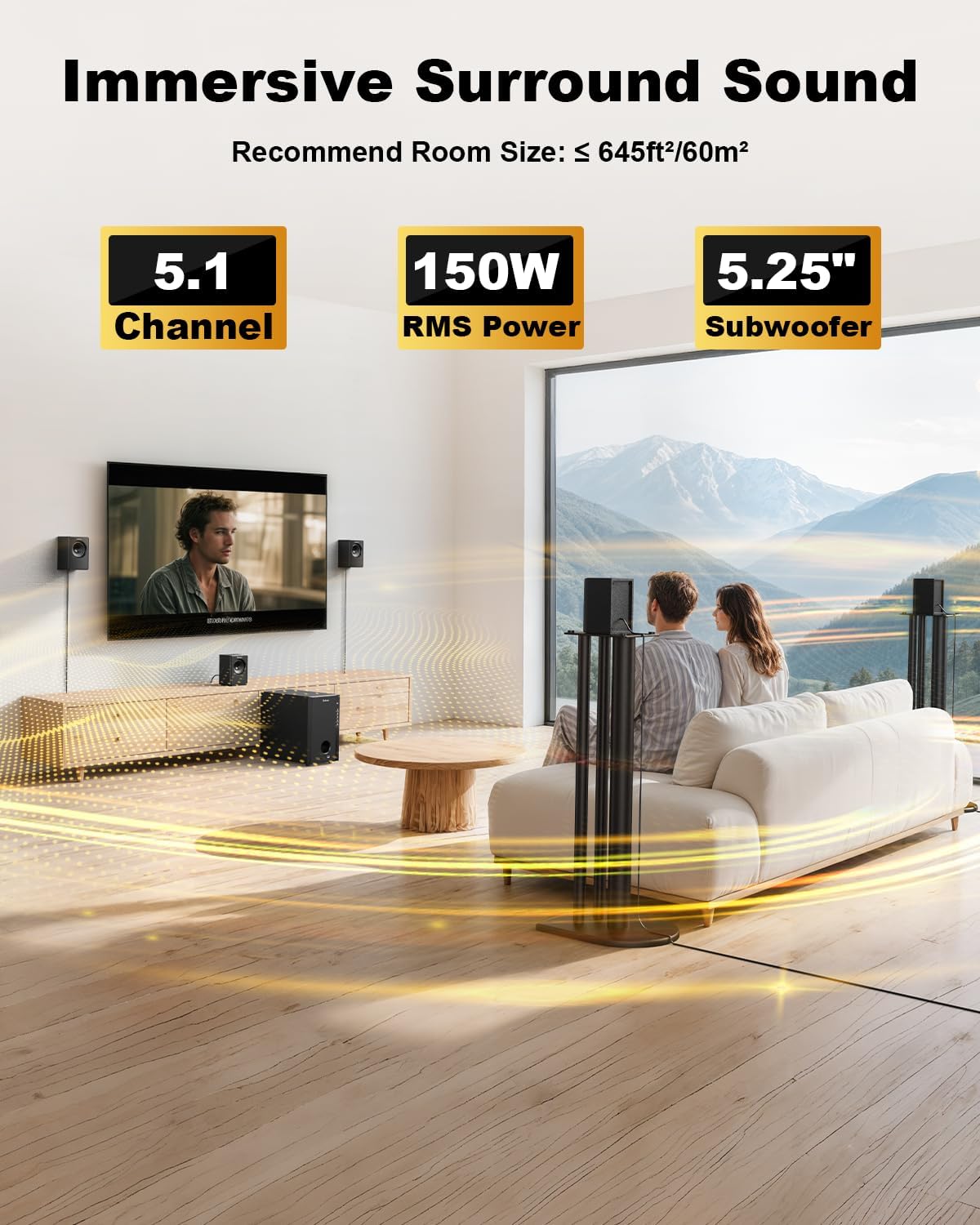 Bobtot Home Theater Systems Surround Sound System, 5.1 Wired Stereo Sound Speakers, 5.25 inch Subwoofer 600 Watts Peak Power Deep Bass Audio Stereo with FM Radio Bluetooth AUX DVD USB SD Input