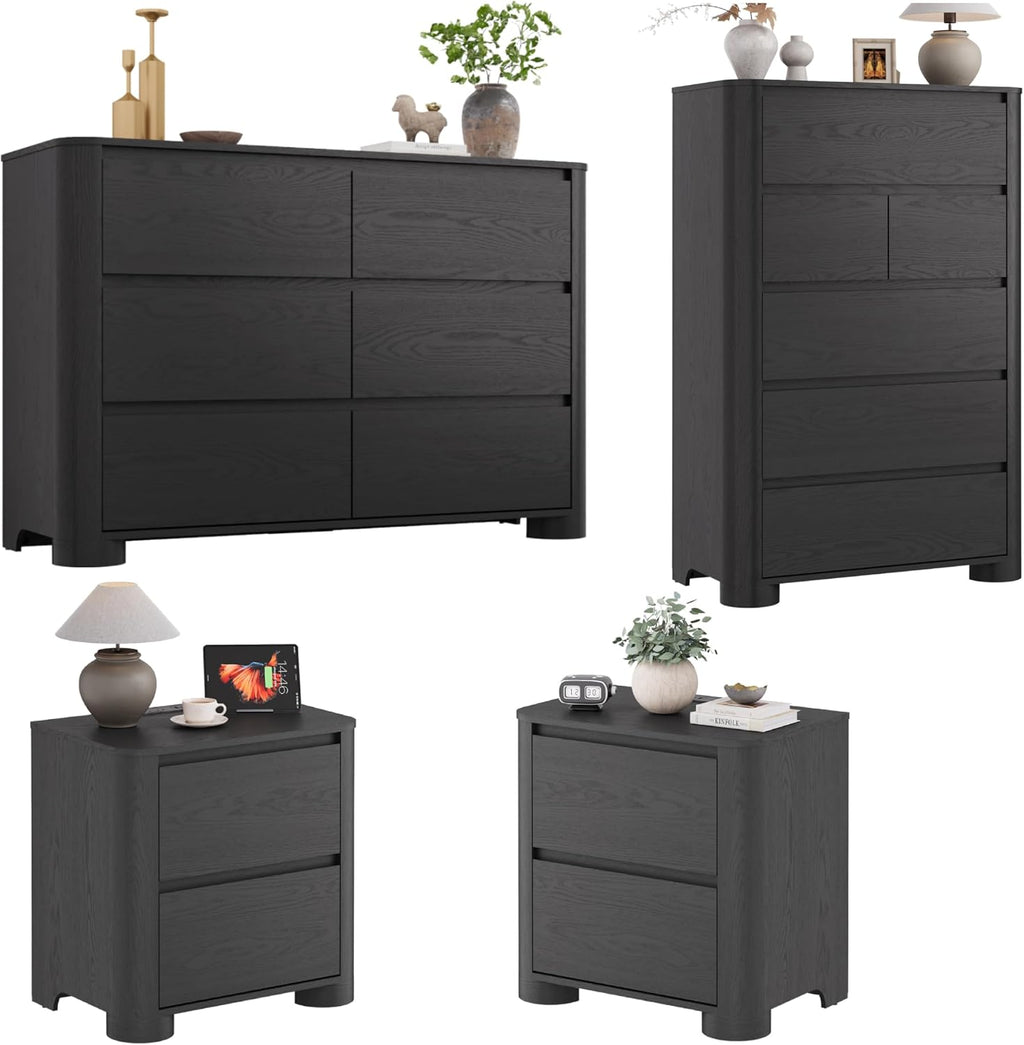 YANSNWO Minimalist Dresser and Nightstand Sets 4 Piece Bedroom Set, Wide & Tall 6-Drawer Dresser & 2 Nightstands with Charging Station, Wooden Bedroom Dresser Sets, Black