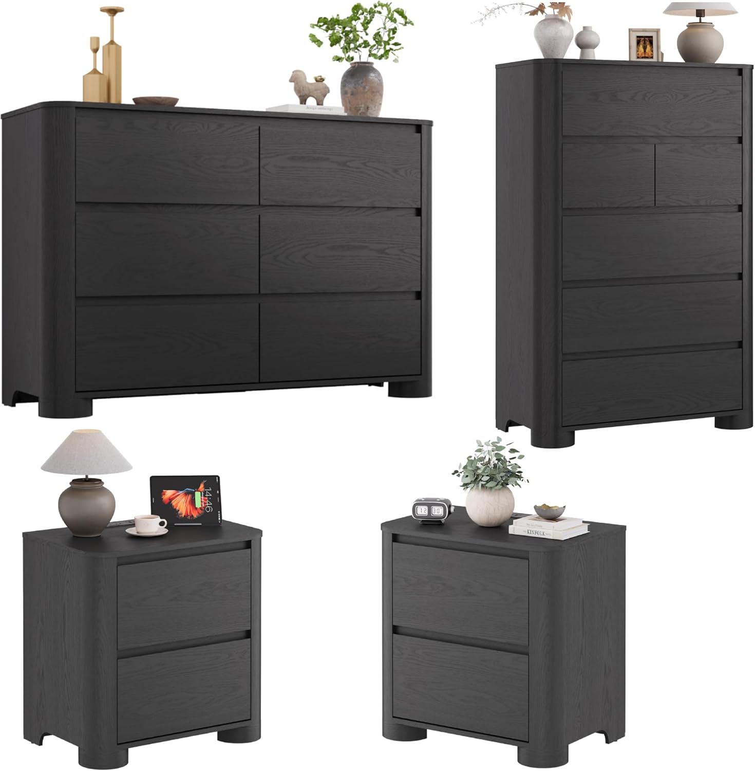 YANSNWO Minimalist Dresser and Nightstand Sets 4 Piece Bedroom Set, Wide & Tall 6-Drawer Dresser & 2 Nightstands with Charging Station, Wooden Bedroom Dresser Sets, Black