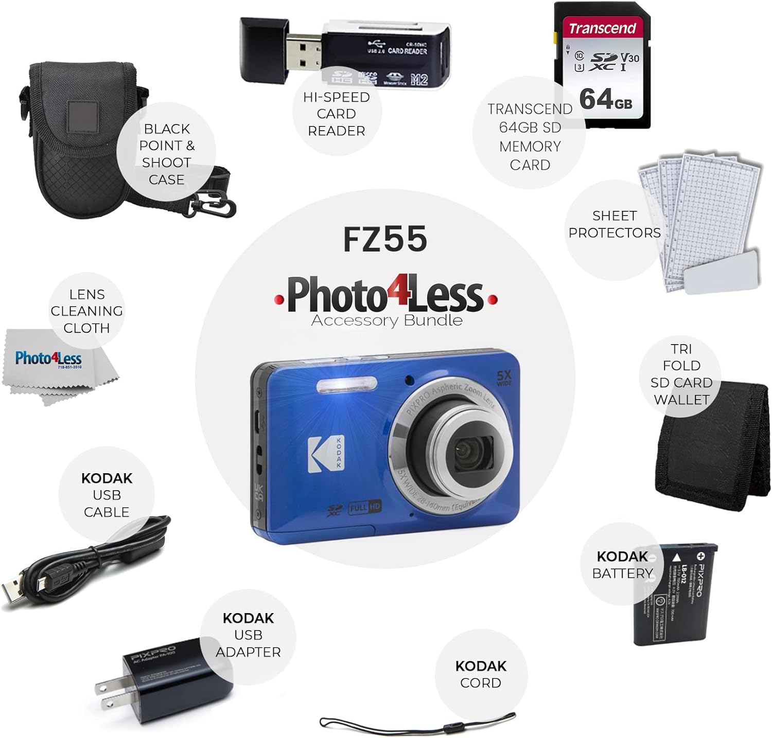 Kodak PIXPRO FZ55 Digital Camera (Blue) + Black Point & Shoot Camera Case + Transcend 64GB SD Memory Card + Tri-fold Memory Card Wallet + Hi-Speed SD USB Card Reader + More!