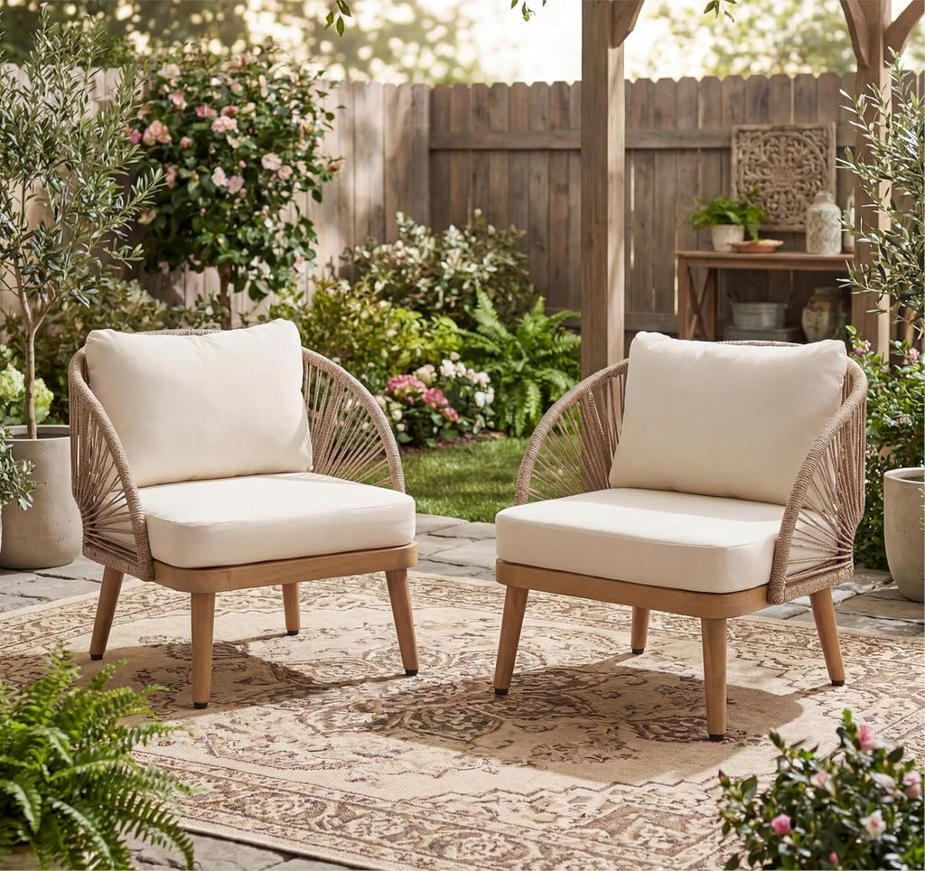 Christopher Knight Home Lydia Set of 2 Boho Patio Furniture Acacia Wood Club Chairs, Outdoor Lounge Chairs, Modern Tub Accent Chairs/Arm Chairs with Rope Woven and Removable Cushions, Natural+Beige