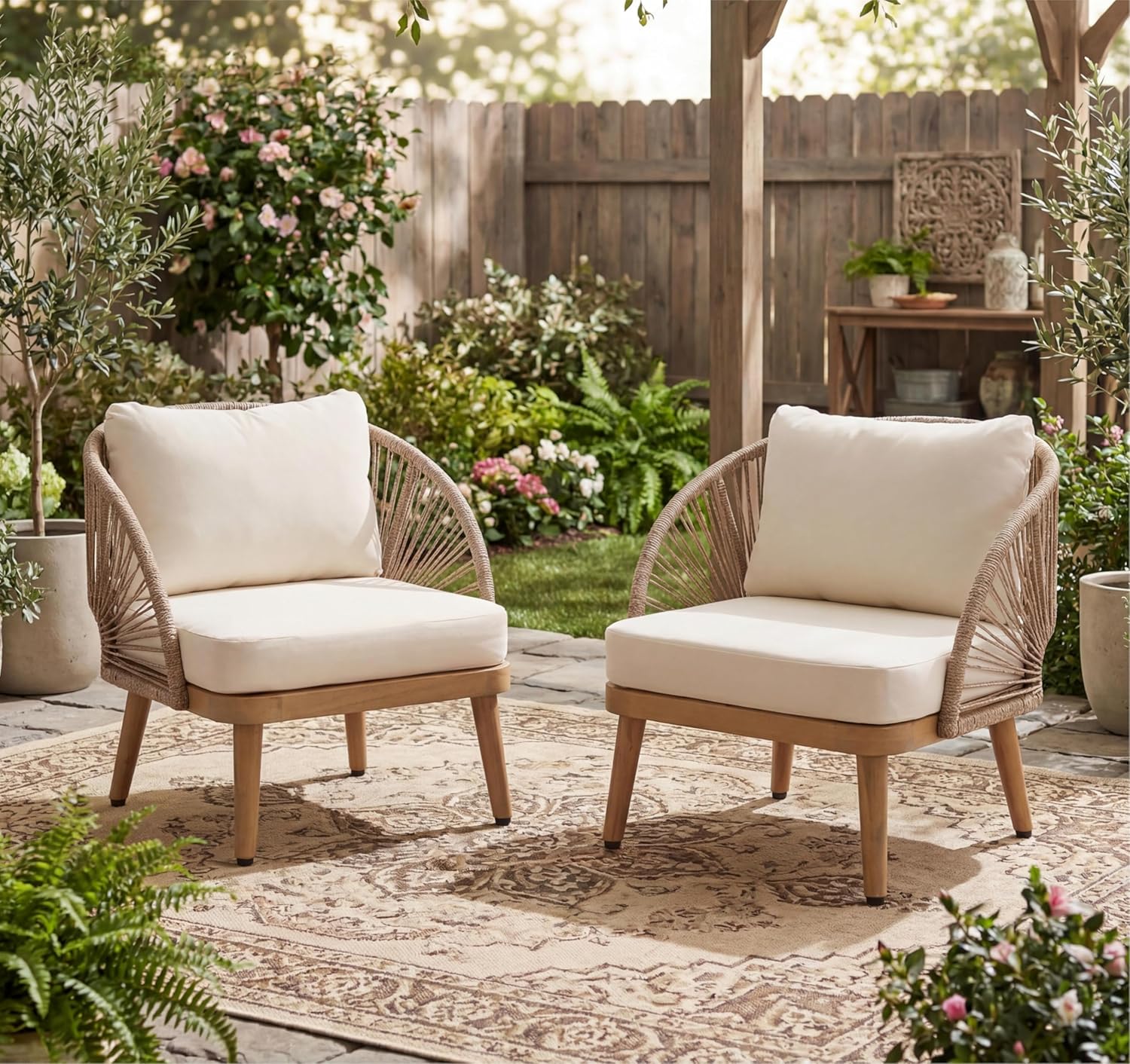 Christopher Knight Home Lydia Set of 2 Boho Patio Furniture Acacia Wood Club Chairs, Outdoor Lounge Chairs, Modern Tub Accent Chairs/Arm Chairs with Rope Woven and Removable Cushions, Natural+Beige