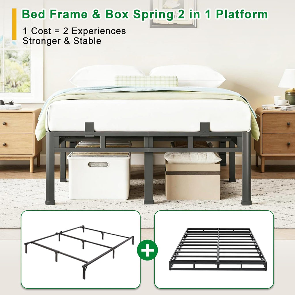 ROIL 14 Inch Queen Bed Frame, Double Layer Metal Bed Frame with Round Corner Legs, 4000LBS Bed Frame & Box Spring 2 in 1 Platform with Headboard Holes Mattress Baffles, Noise-Free Easy Assembly