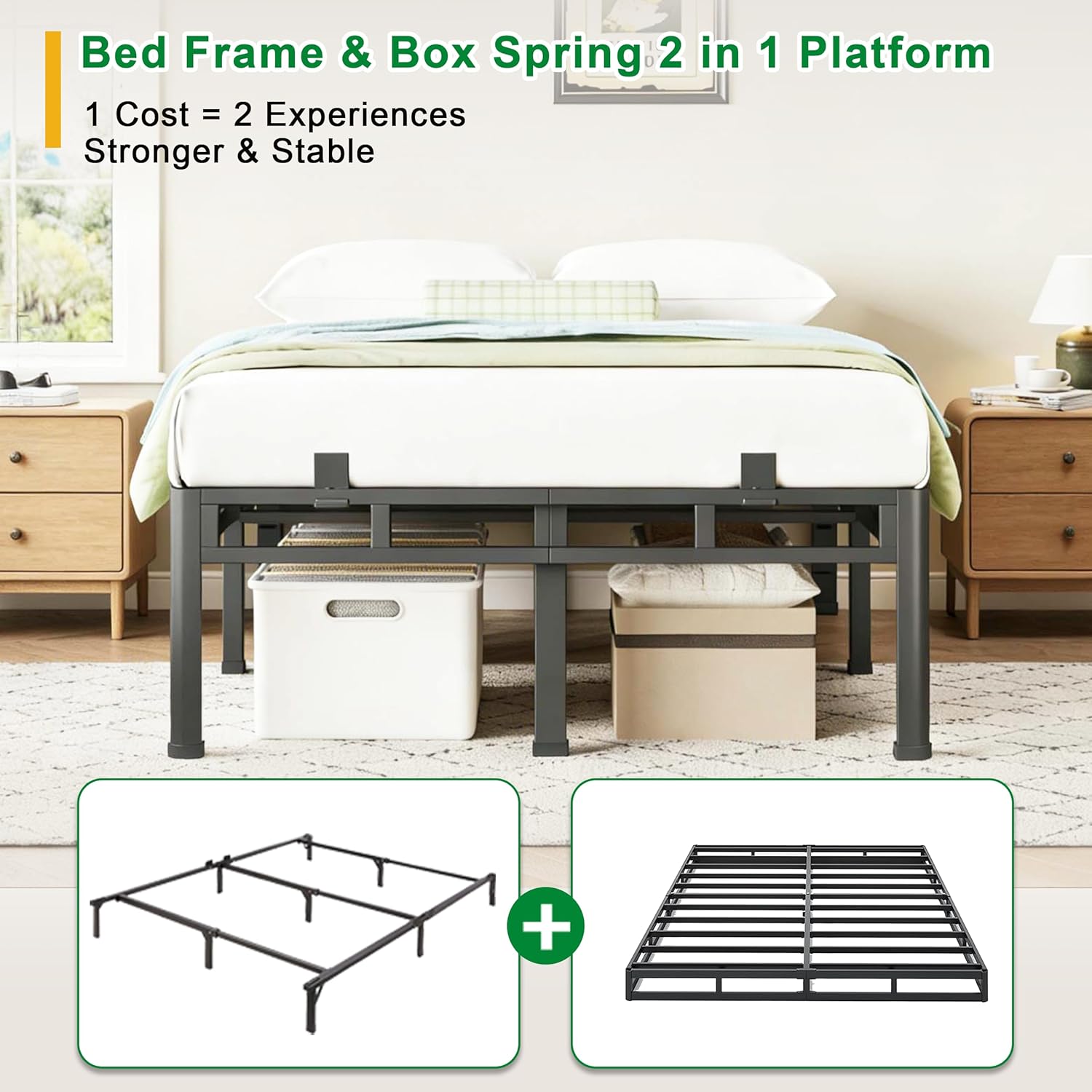ROIL 14 Inch Queen Bed Frame, Double Layer Metal Bed Frame with Round Corner Legs, 4000LBS Bed Frame & Box Spring 2 in 1 Platform with Headboard Holes Mattress Baffles, Noise-Free Easy Assembly