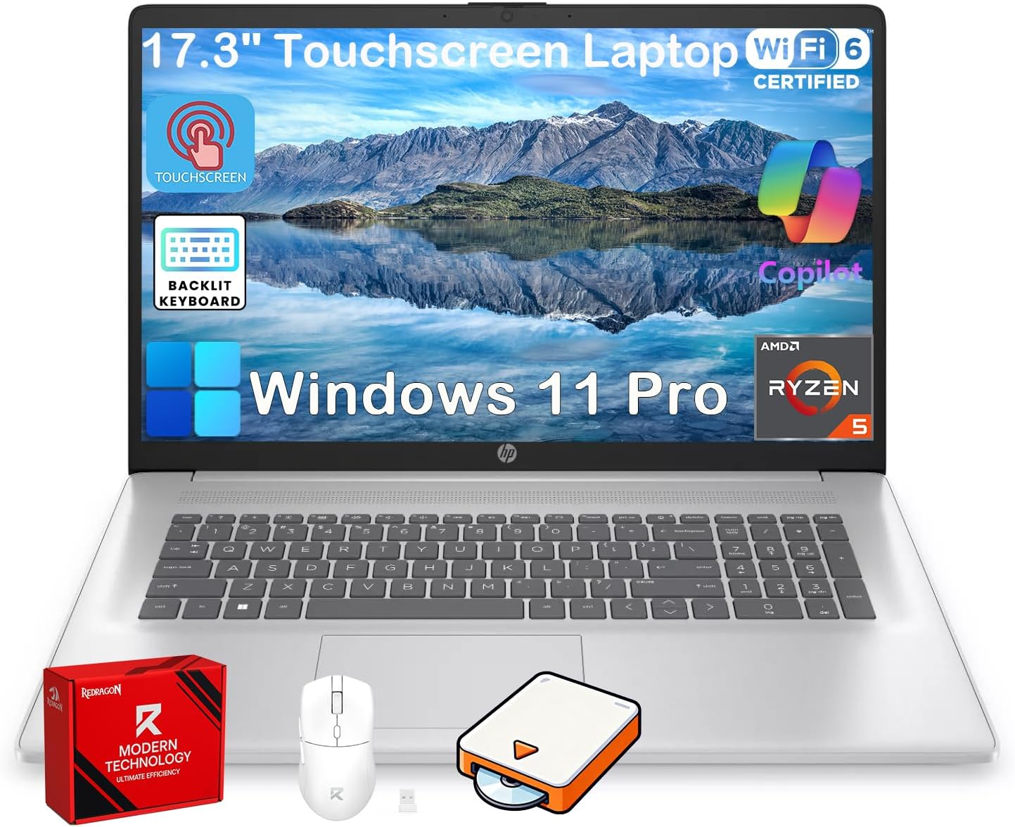 HP 17 Touchscreen Laptop Computer, 17.3" HD+ AntiGlare Display, Backlit Keyboard, Win11 Pro, AMD Ryzen 5 7430U, for Business & Student, Fast Charge, AI Copilot, w/Accessories, 20GB RAM,512GB SSD