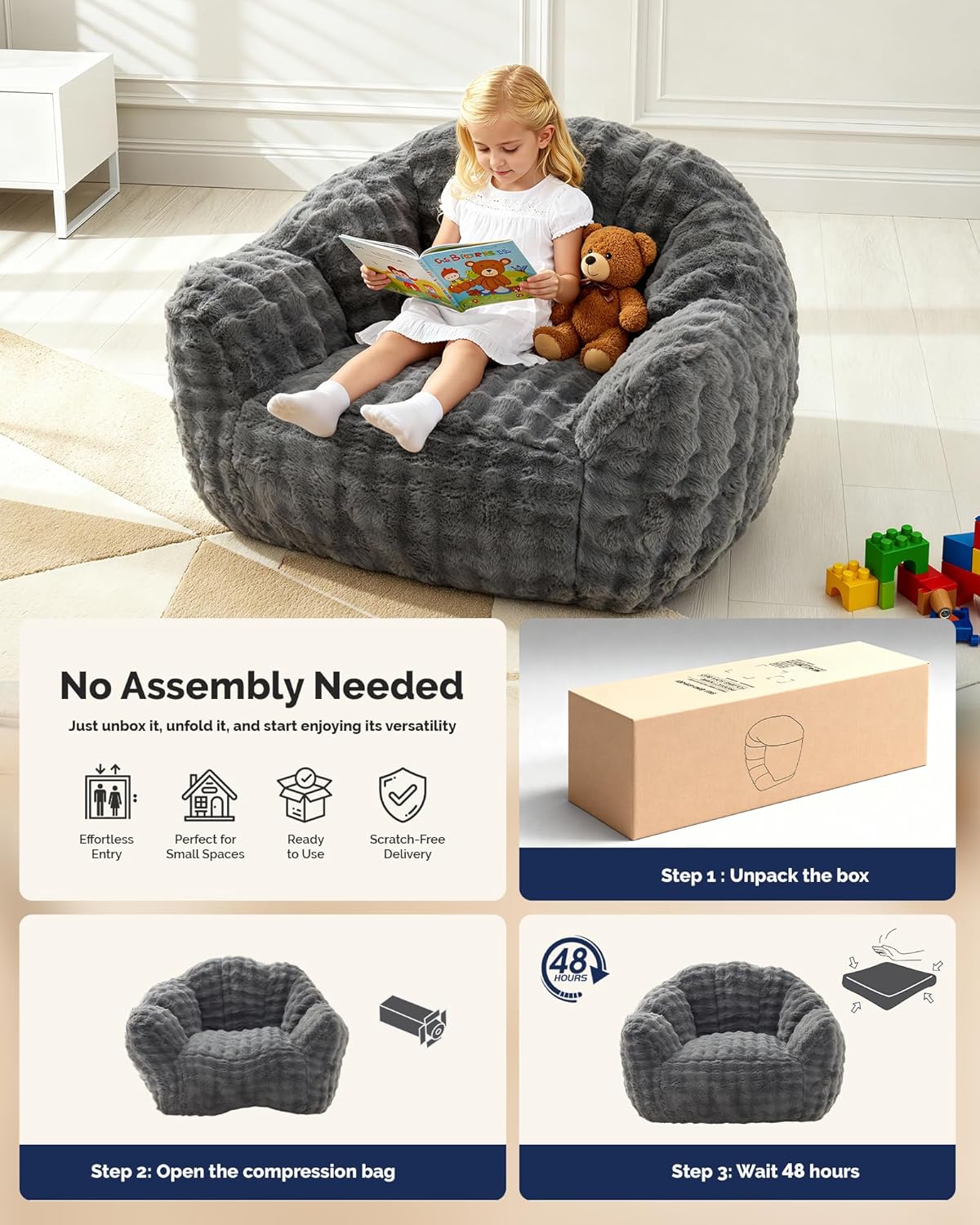 KINGYES Bean Bag Chair, Giant Bean Bag Couch with Memory Foam Filled, Gaming Beanbag Chair for Adults, Bean Bag for Kids & Teen, Light Gray