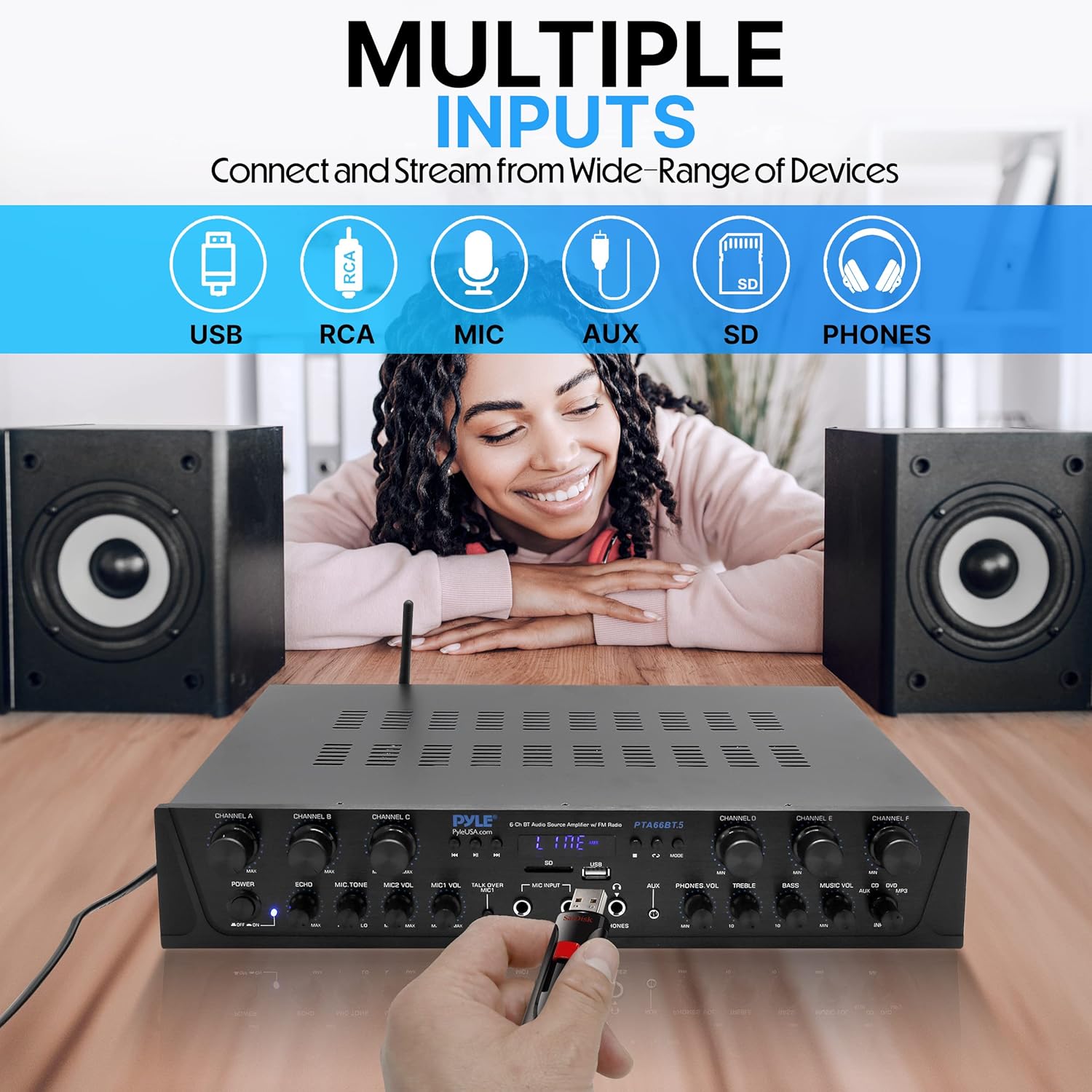Pyle Home Audio Amplifier with Bluetooth - 6 Channel 600 Watt Peak Power, Karaoke with Echo, 2 Mic Input with Talkover, Headphone In, USB A MP3 Player with SD Reader - Home, Commercial, Worship
