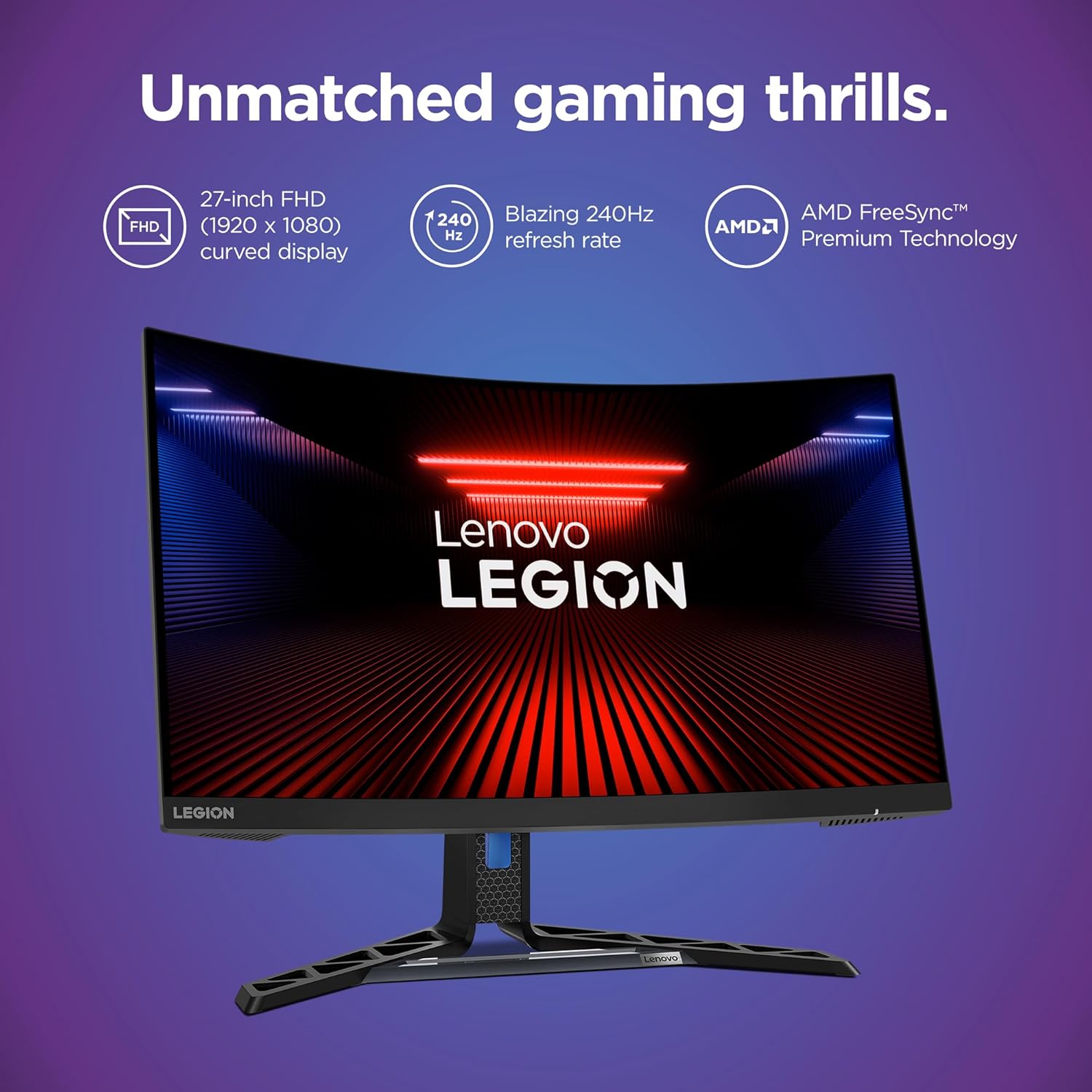 Lenovo Legion R27fc-30 Gaming Monitor, 27" FHD Curved, 280Hz, 0.5ms MPRT, AMD FreeSync, VESA Adaptive Sync, Lift/Tilt/Pivot/Swivel Stand, HDMI 2.1 and DisplayPort 1.4, 350 nits, Raven Black