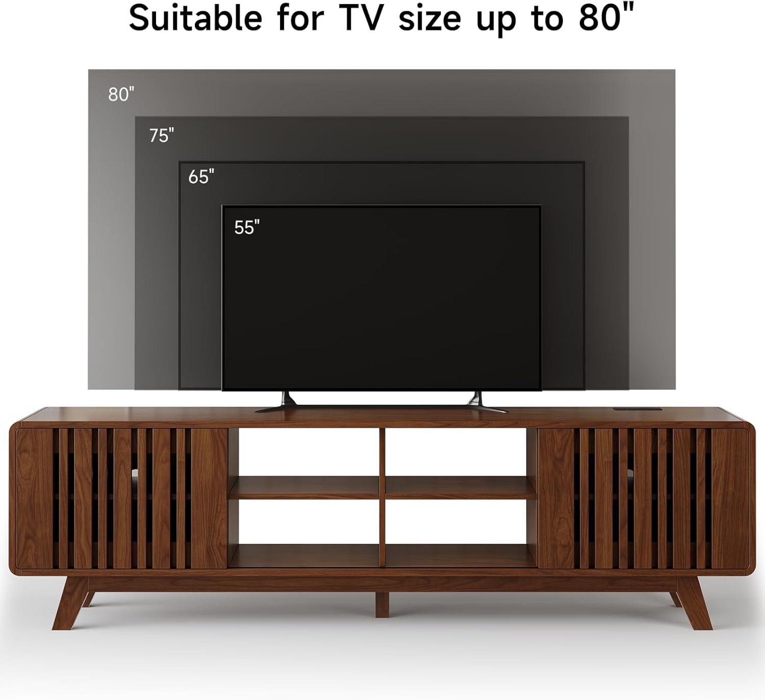 ONBRILL 70-Inch TV Stand for TVs up to 80 Inch, Mid-Century Modern Television Stand with Power Outlet . Entertainment Center with Sliding Grille Door Cabinets and Open Shelves for Living Room, Walnut
