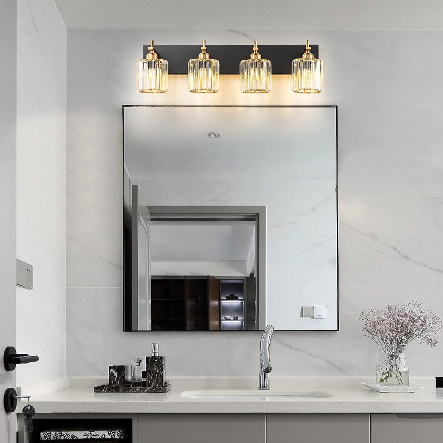 Black Gold Crystal Bathroom Vanity Light, Modern 4-Lights Bathroom Light Fixtures Over Mirror, Crystal Wall Lighting with Polished Gold Finish