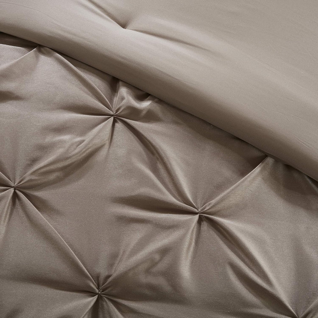 Madison Park Essentials Room in a Bag Faux Silk Comforter Set - Luxe Diamond Tufting All Season Bedding, Matching Curtains, Decorative Pillows, Taupe King(104"x92") 24 Piece