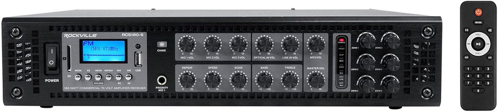 Rockville Commercial Audio Bundle: (6) WET-6B 70V 6.5" Black IP55 Outdoor Wall Speakers, RCS180-6 180W 6-Zone Amplifier with Bluetooth for Restaurant/Office/Cafe/Bar, 7-Items