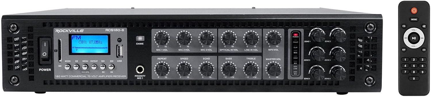 Rockville RCS180-6 Bundle: 180-Watt 6-Zone 70V Bluetooth Commercial Amplifier, (8) CC525T 5.25 in White Ceiling Speakers for Restaurants, Cafes, and Offices, 9-Items