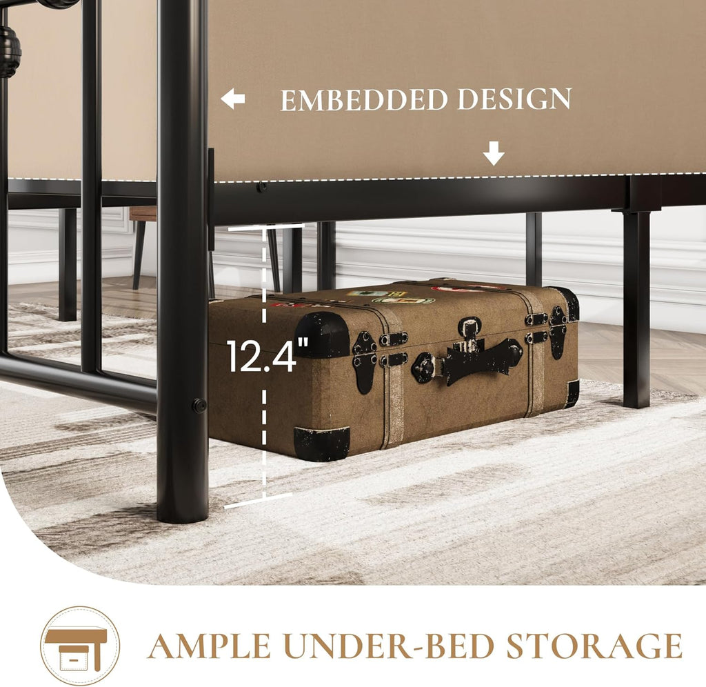SHA CERLIN 14" Queen Size Metal Platform Bed Frame/Victorian Headboard and Footboard/Steel Slats Mattress Foundation for Storage/No Box Spring Needed/Noise Free/Black