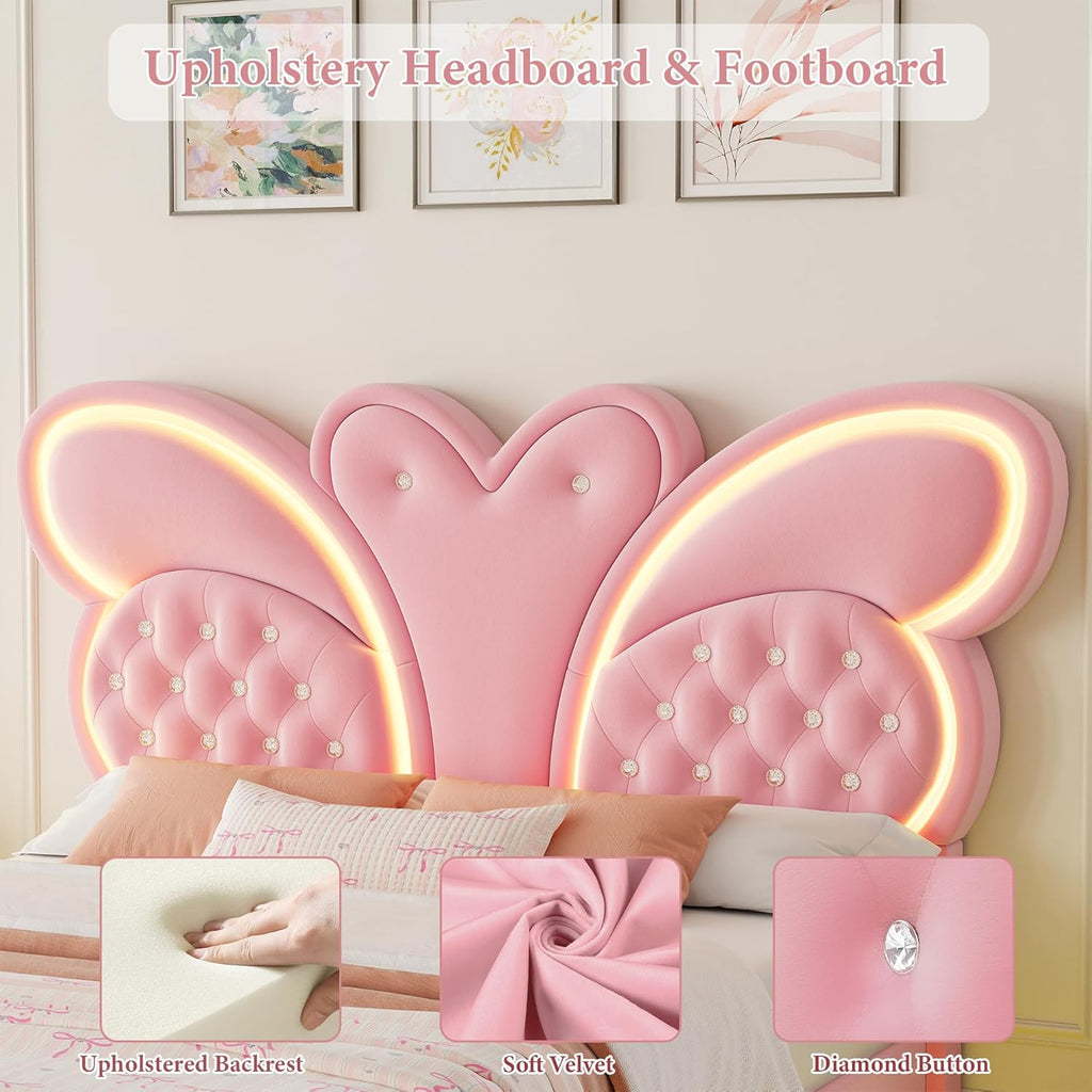 Keyluv Full Bed Frame Butterfly-Pattern Upholstered Headboard, Modern Floating Bed with LED Lights Button Tufted on Headboard and Footboard, Slats Support No Box Spring Needed, Noise-Free, Pink