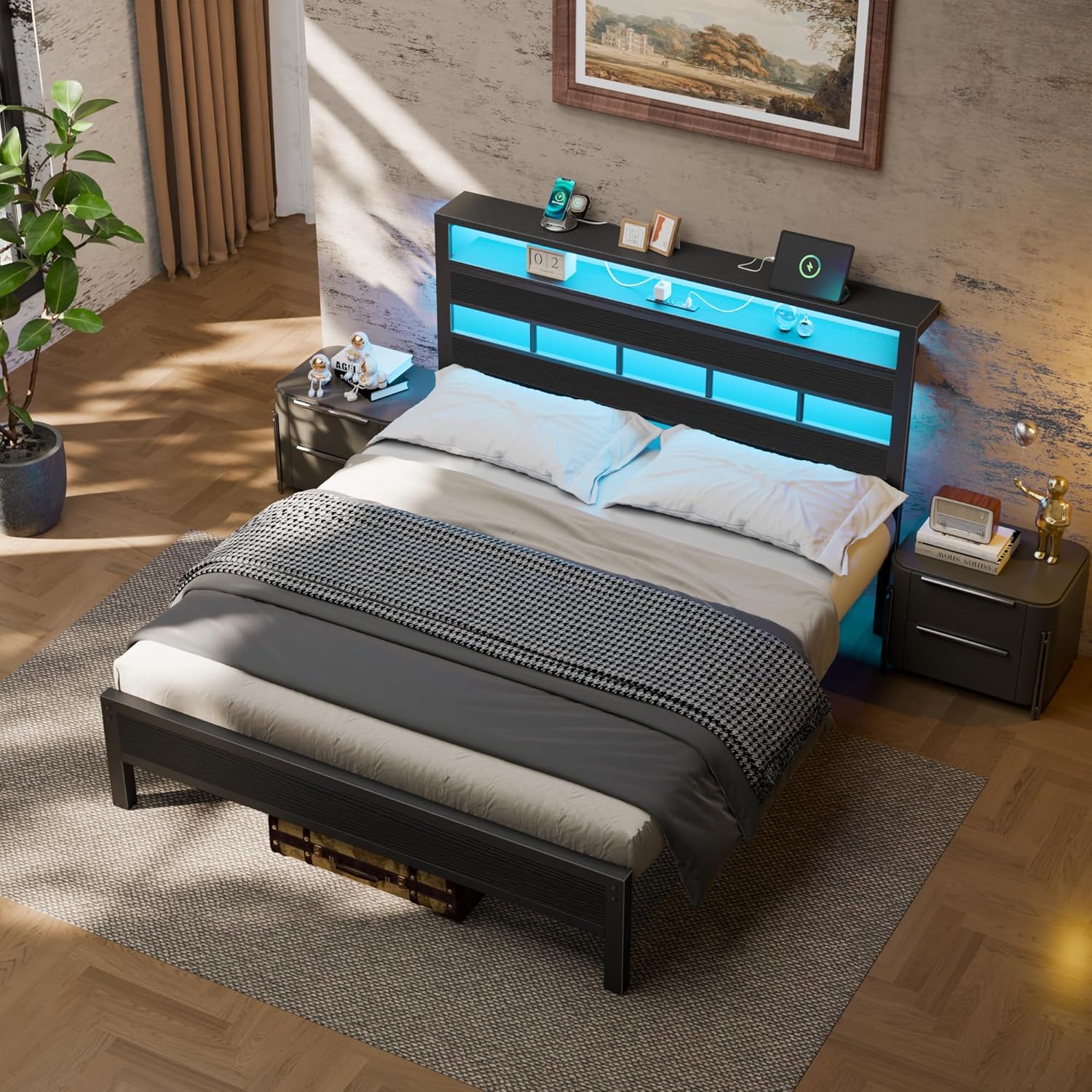Furnulem Queen Bed Frame with Storage Headboard and LED Lights, Metal Bedframe with Charging Station and USB Port, Queen Size Platform Bed with Heavy Duty Slats, No Box Spring Needed, Black Oak