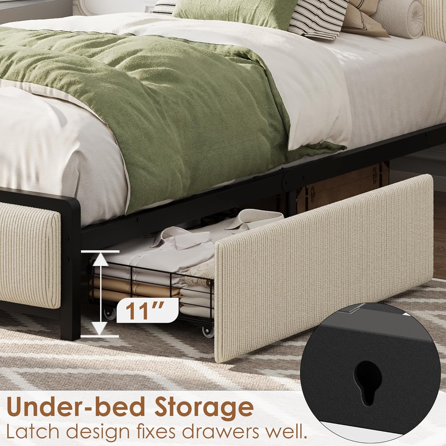 Twin Size Bed Frame with 2 Storage Drawers and Charging Station, Rustic Linen Upholstered Platform Bedframe with Storage Headboard, Heavy Duty, No Box Spring Needed, Easy Assembly, Noise Free, Beige